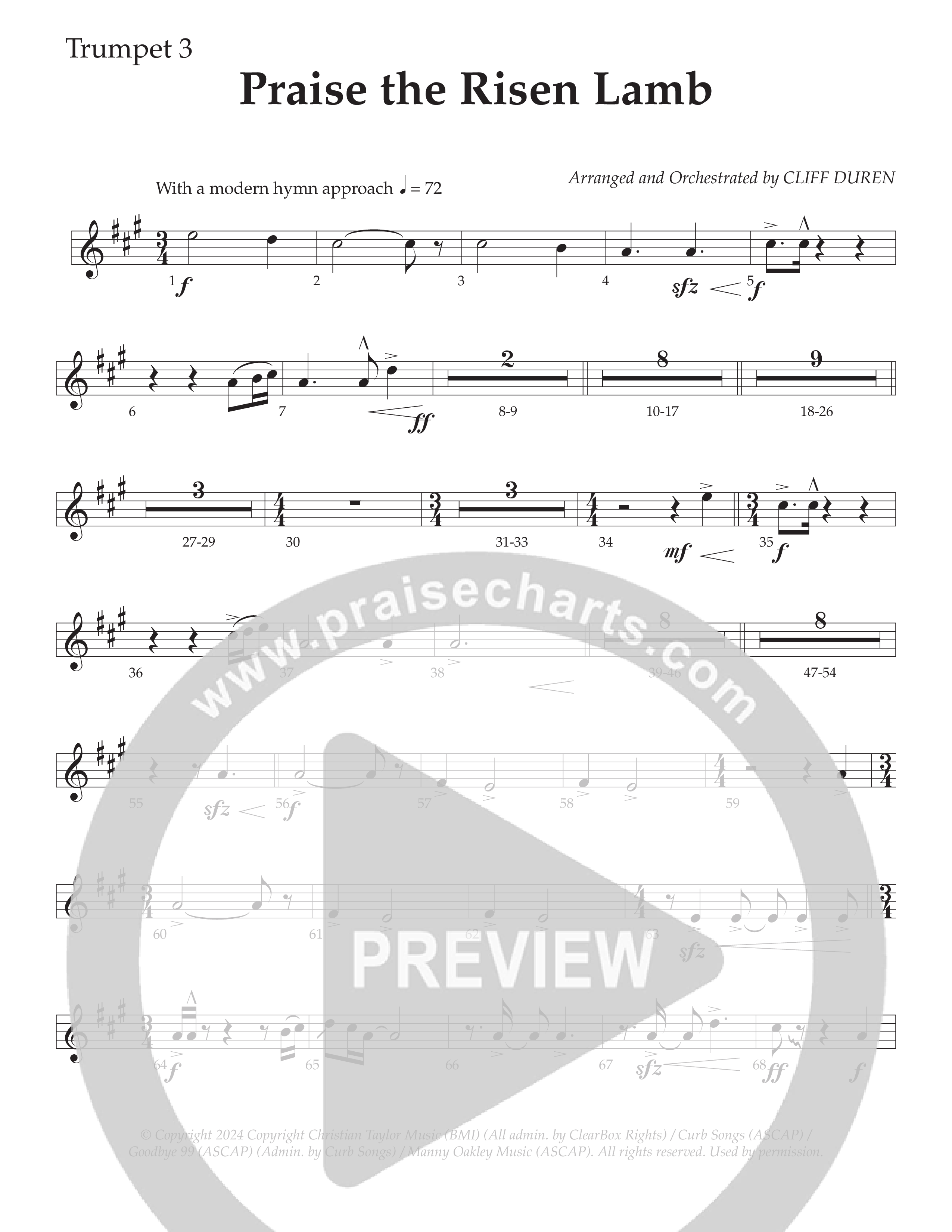Praise The Risen Lamb (Choral Anthem SATB) Trumpet 3 (Daywind Worship / Arr. Cliff Duren)