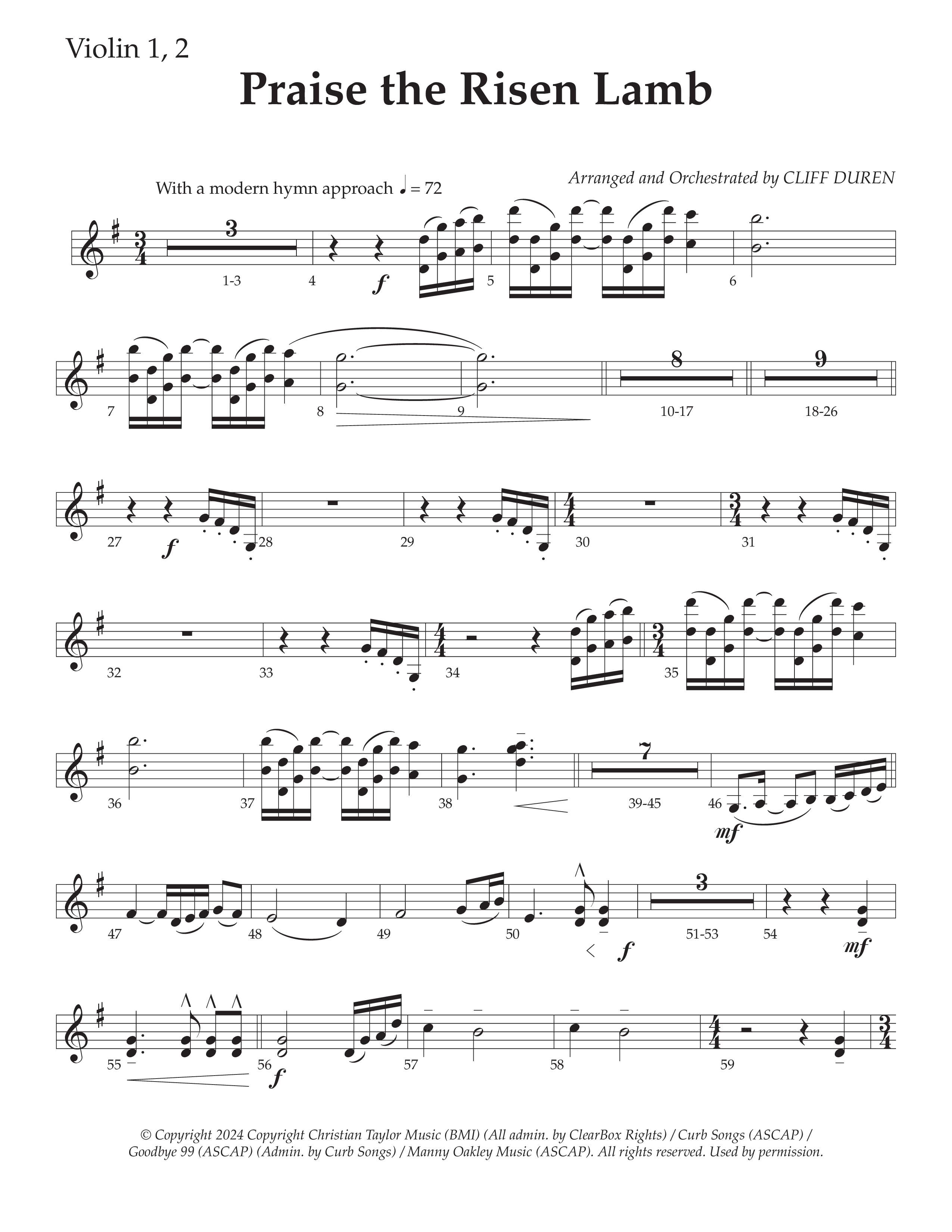 Praise The Risen Lamb (Choral Anthem SATB) Violin 1/2 (Daywind Worship / Arr. Cliff Duren)