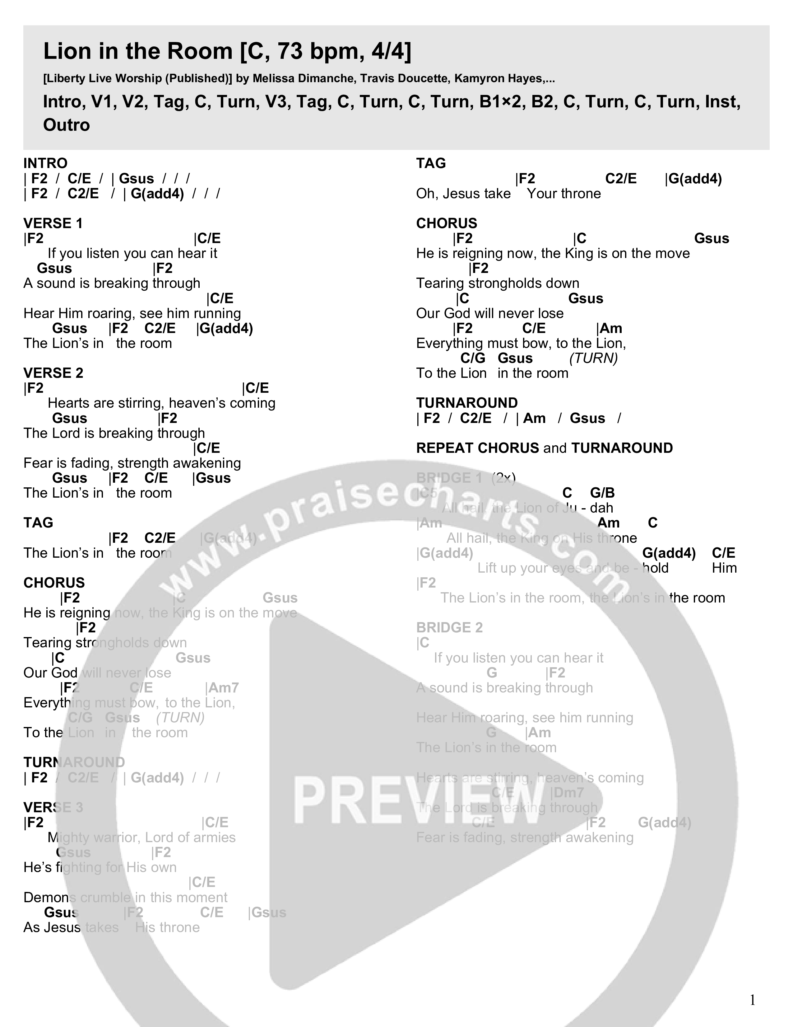 Lion In The Room Chord Chart (Liberty Live Worship)