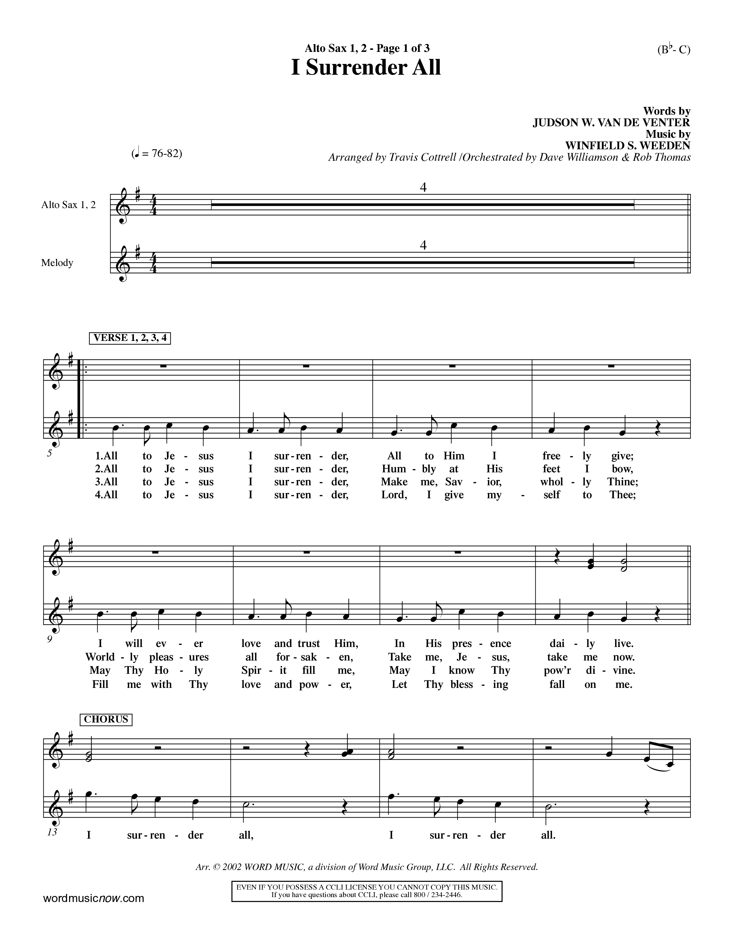 I Surrender All (Choral Anthem SATB) Alto Sax 1/2 (Word Music Choral / Arr. Travis Cottrell / Orch. Dave Williamson / Orch. Rob Thomas)