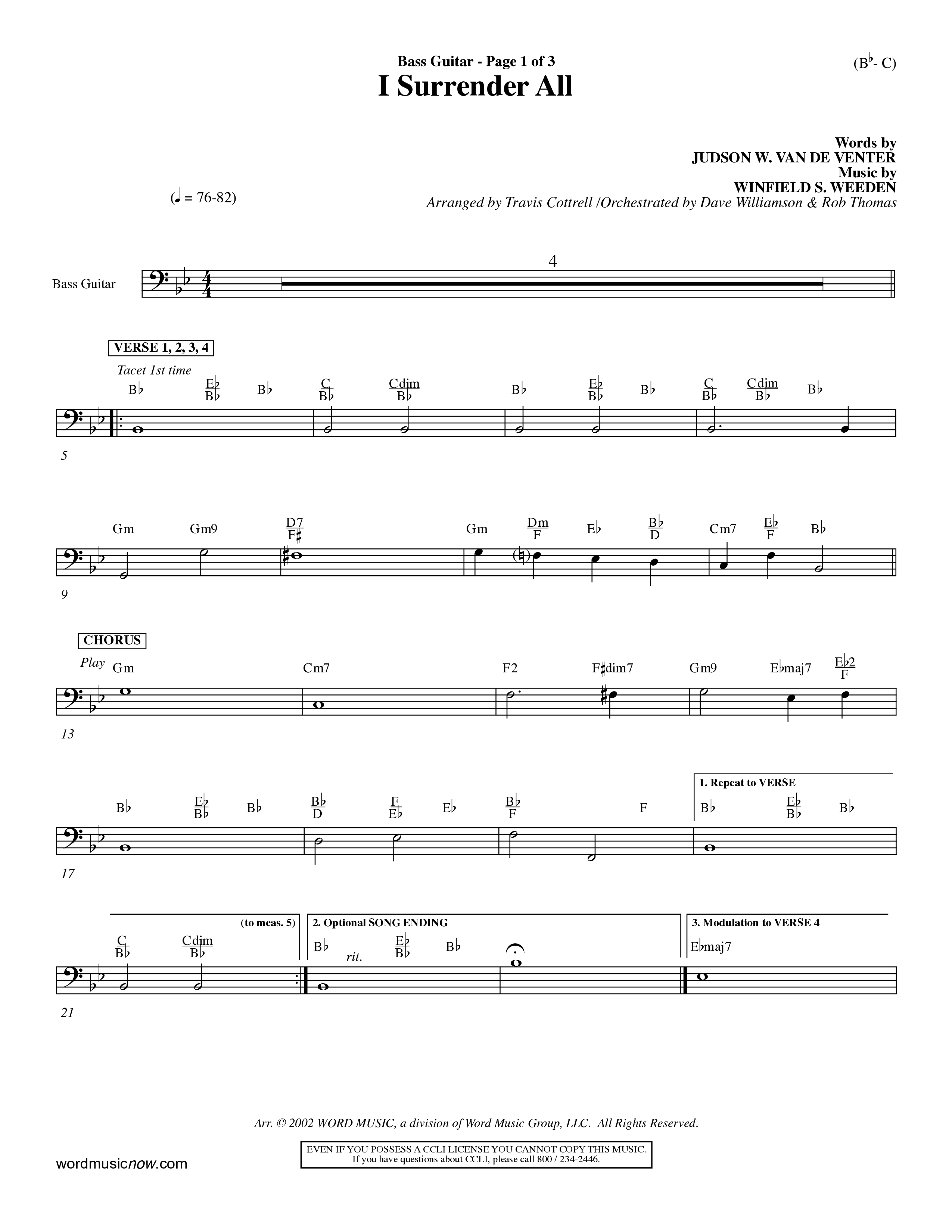 I Surrender All (Choral Anthem SATB) Bass Guitar (Word Music Choral / Arr. Travis Cottrell / Orch. Dave Williamson / Orch. Rob Thomas)