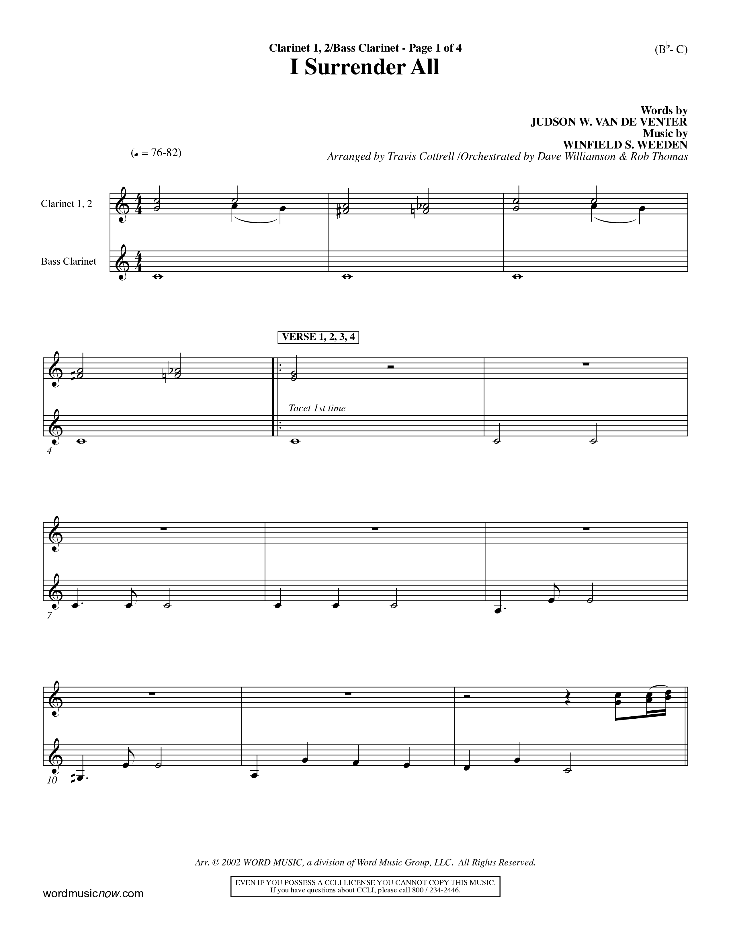 I Surrender All (Choral Anthem SATB) Clarinet 1/2 (Word Music Choral / Arr. Travis Cottrell / Orch. Dave Williamson / Orch. Rob Thomas)