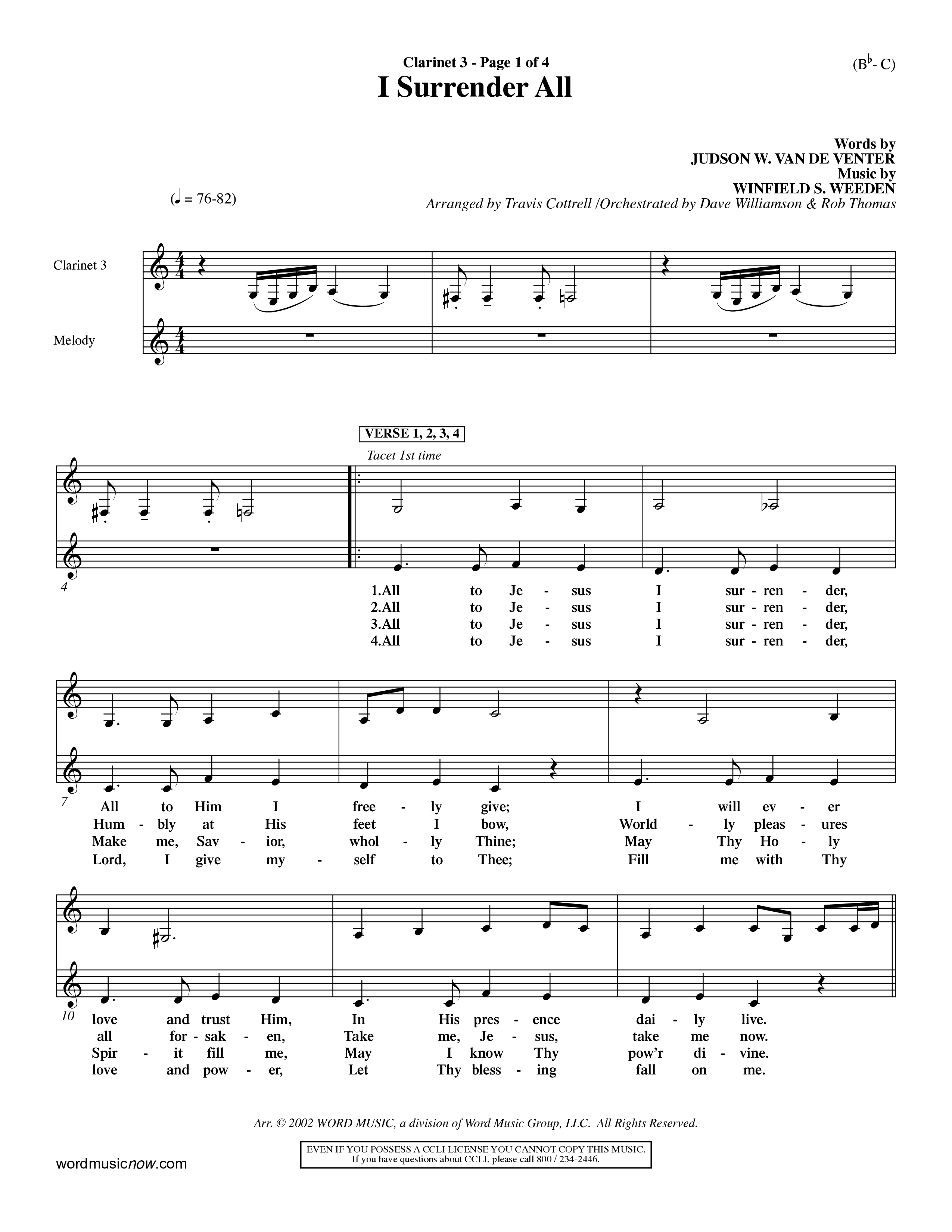 I Surrender All (Choral Anthem SATB) Clarinet 3 (Word Music Choral / Arr. Travis Cottrell / Orch. Dave Williamson / Orch. Rob Thomas)