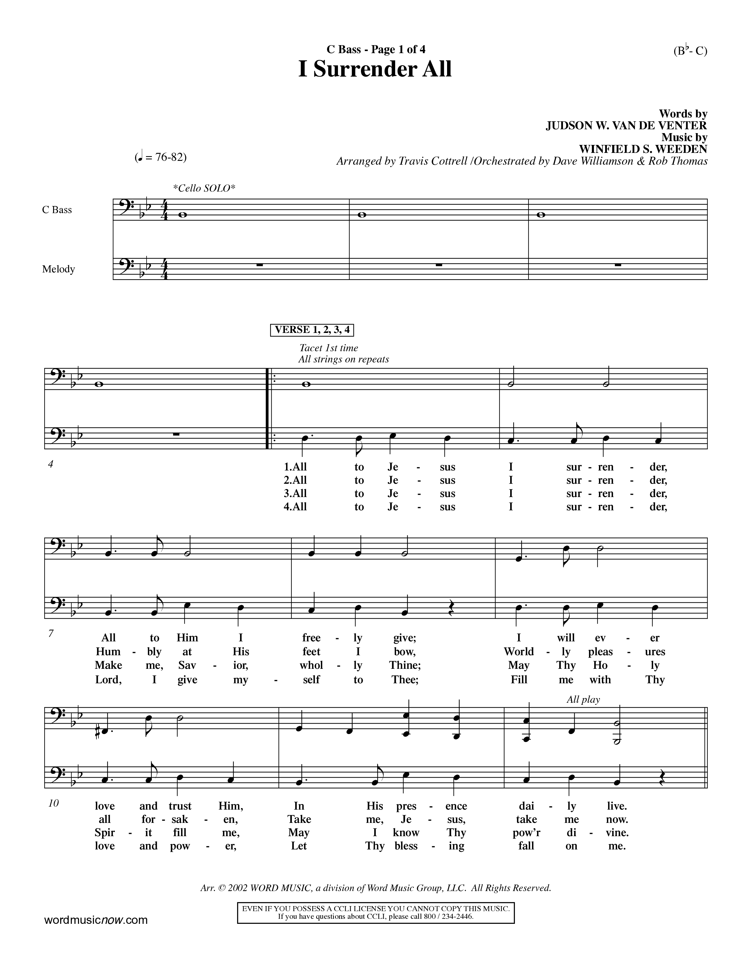 I Surrender All (Choral Anthem SATB) Contrabass (Word Music Choral / Arr. Travis Cottrell / Orch. Dave Williamson / Orch. Rob Thomas)
