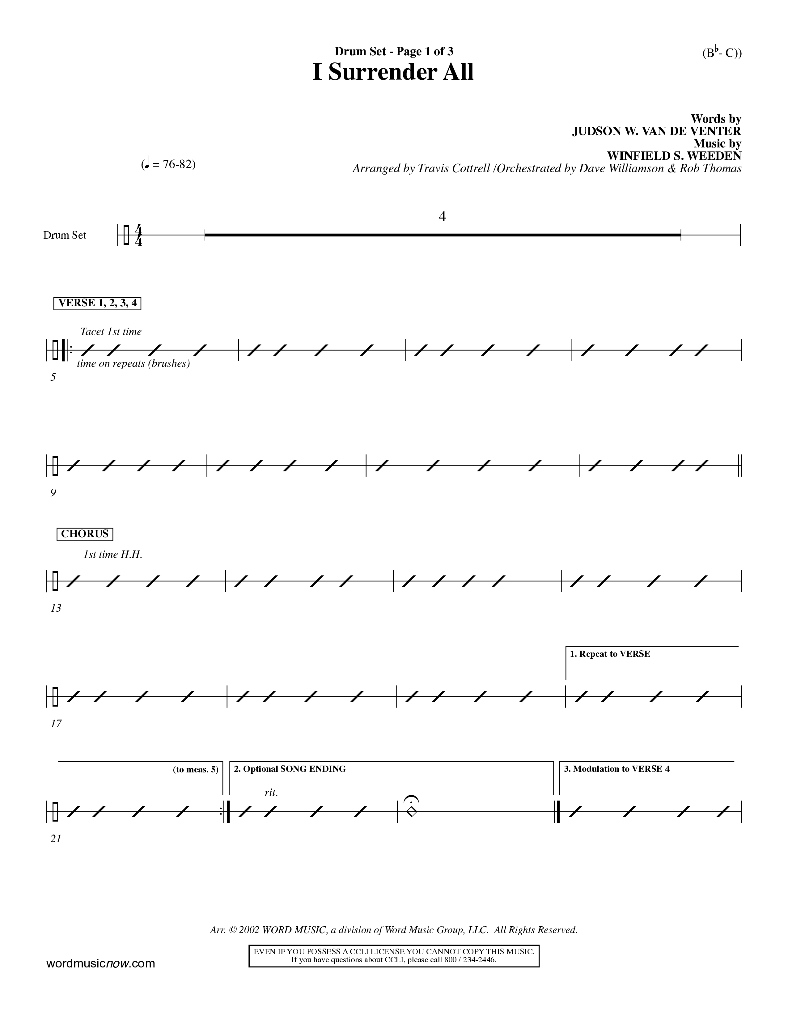I Surrender All (Choral Anthem SATB) Drum Set (Word Music Choral / Arr. Travis Cottrell / Orch. Dave Williamson / Orch. Rob Thomas)