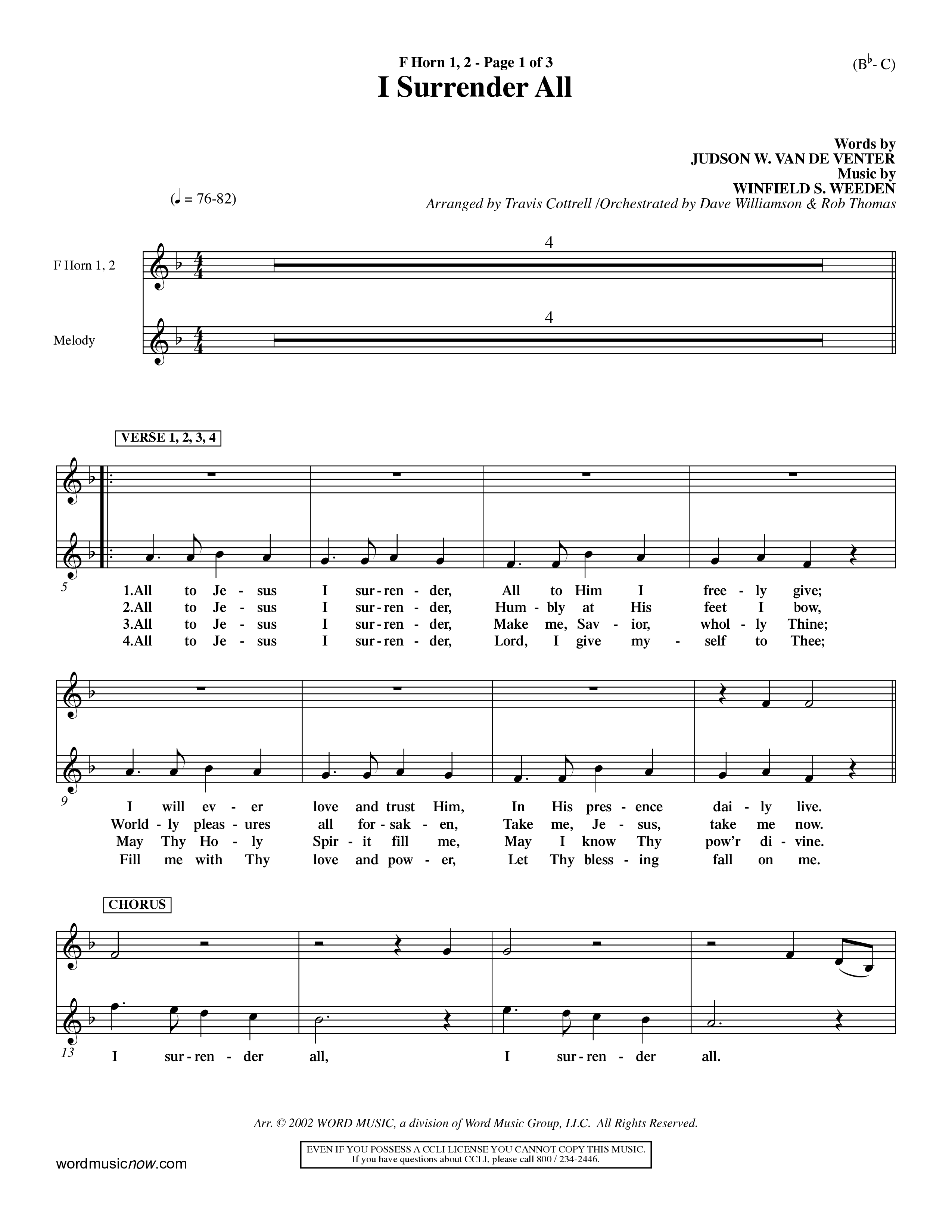 I Surrender All (Choral Anthem SATB) French Horn (Word Music Choral / Arr. Travis Cottrell / Orch. Dave Williamson / Orch. Rob Thomas)