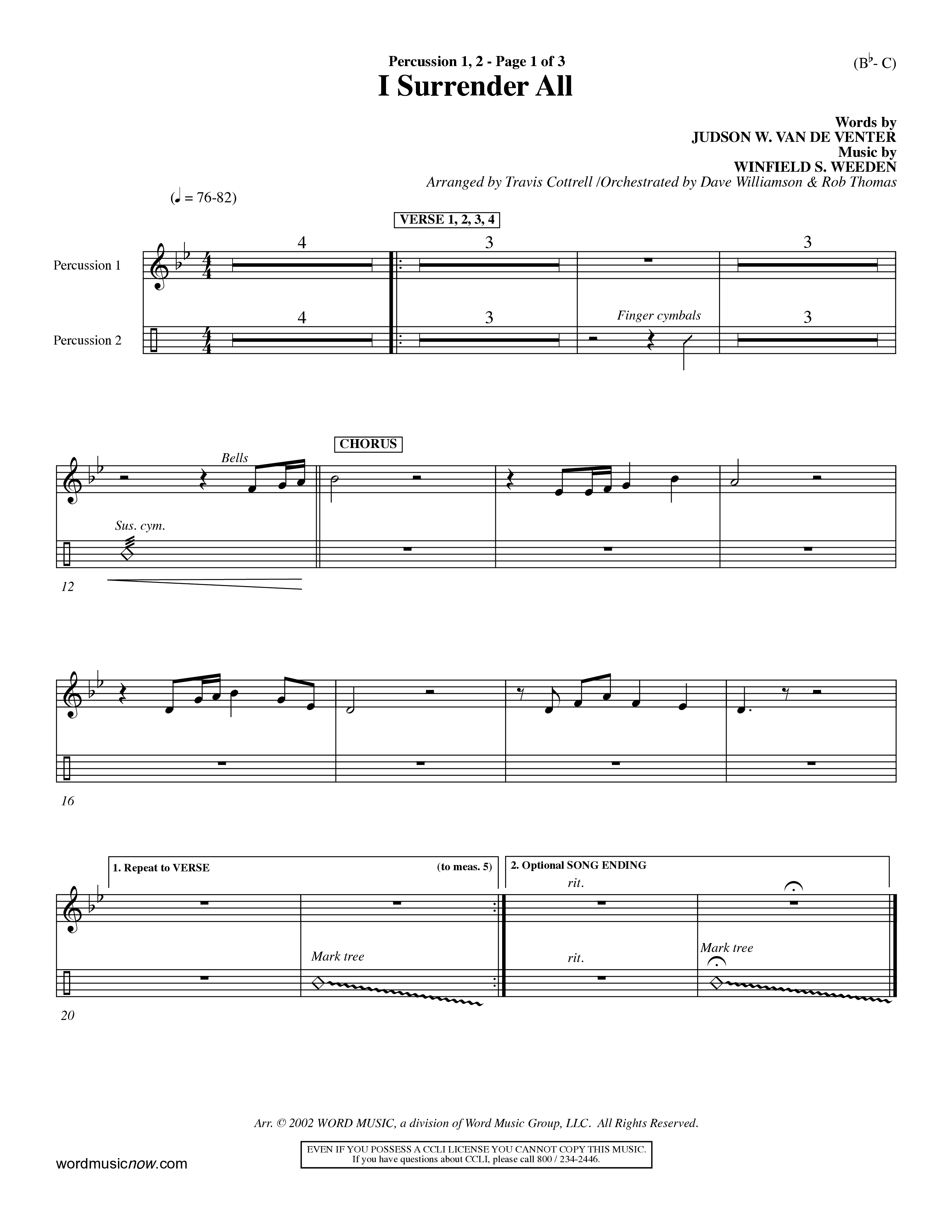 I Surrender All (Choral Anthem SATB) Percussion 1/2 (Word Music Choral / Arr. Travis Cottrell / Orch. Dave Williamson / Orch. Rob Thomas)