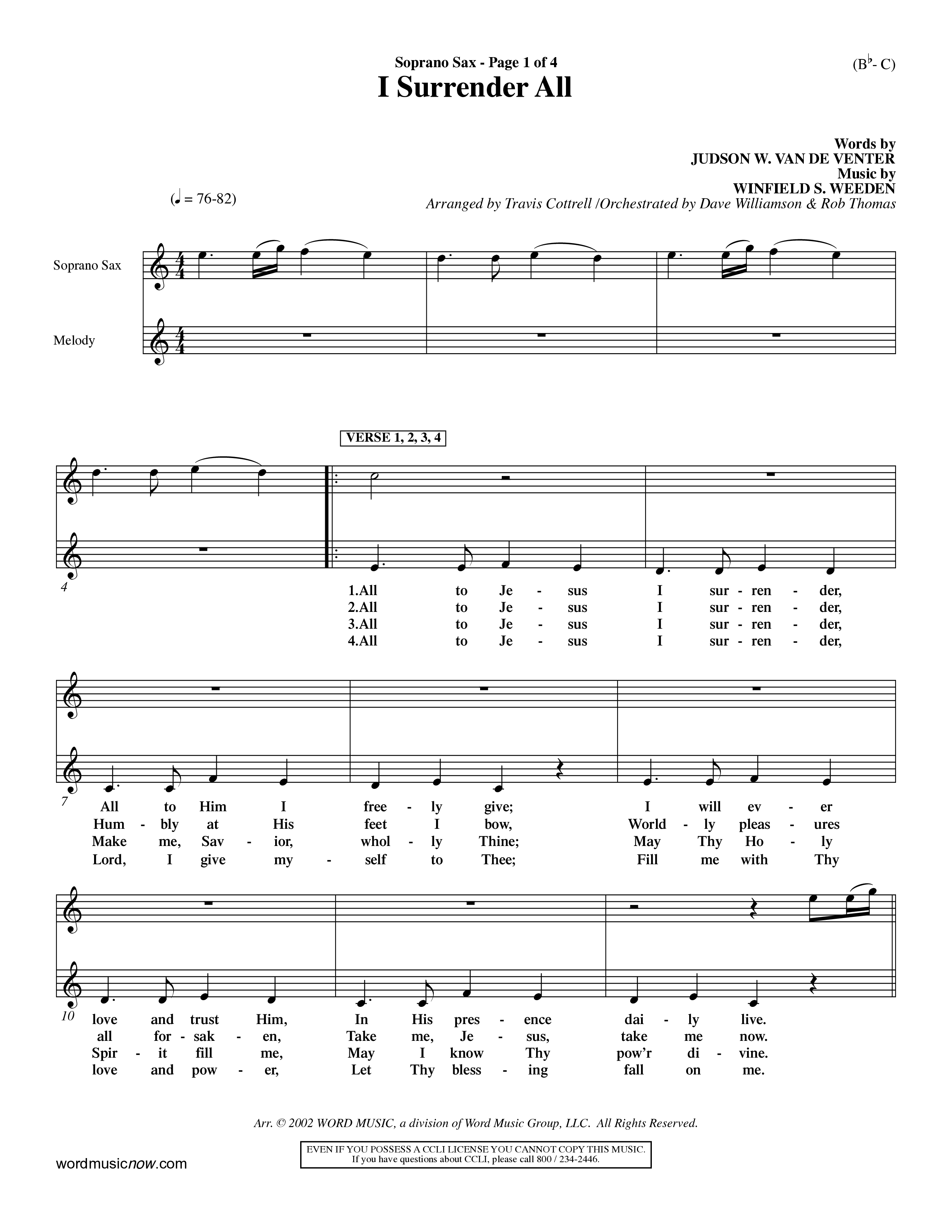 I Surrender All (Choral Anthem SATB) Saxophone (Word Music Choral / Arr. Travis Cottrell / Orch. Dave Williamson / Orch. Rob Thomas)
