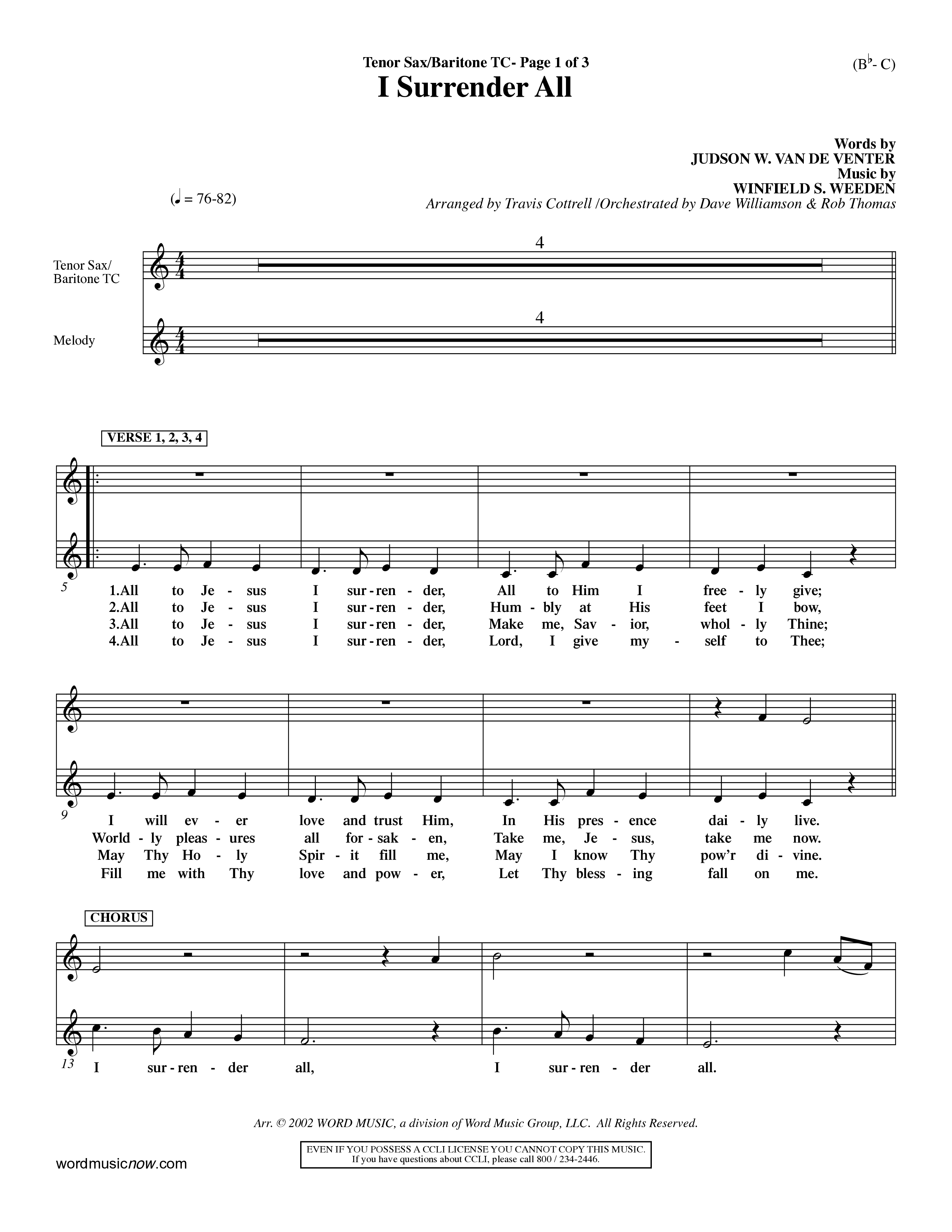 I Surrender All (Choral Anthem SATB) Tenor Sax/Baritone T.C. (Word Music Choral / Arr. Travis Cottrell / Orch. Dave Williamson / Orch. Rob Thomas)