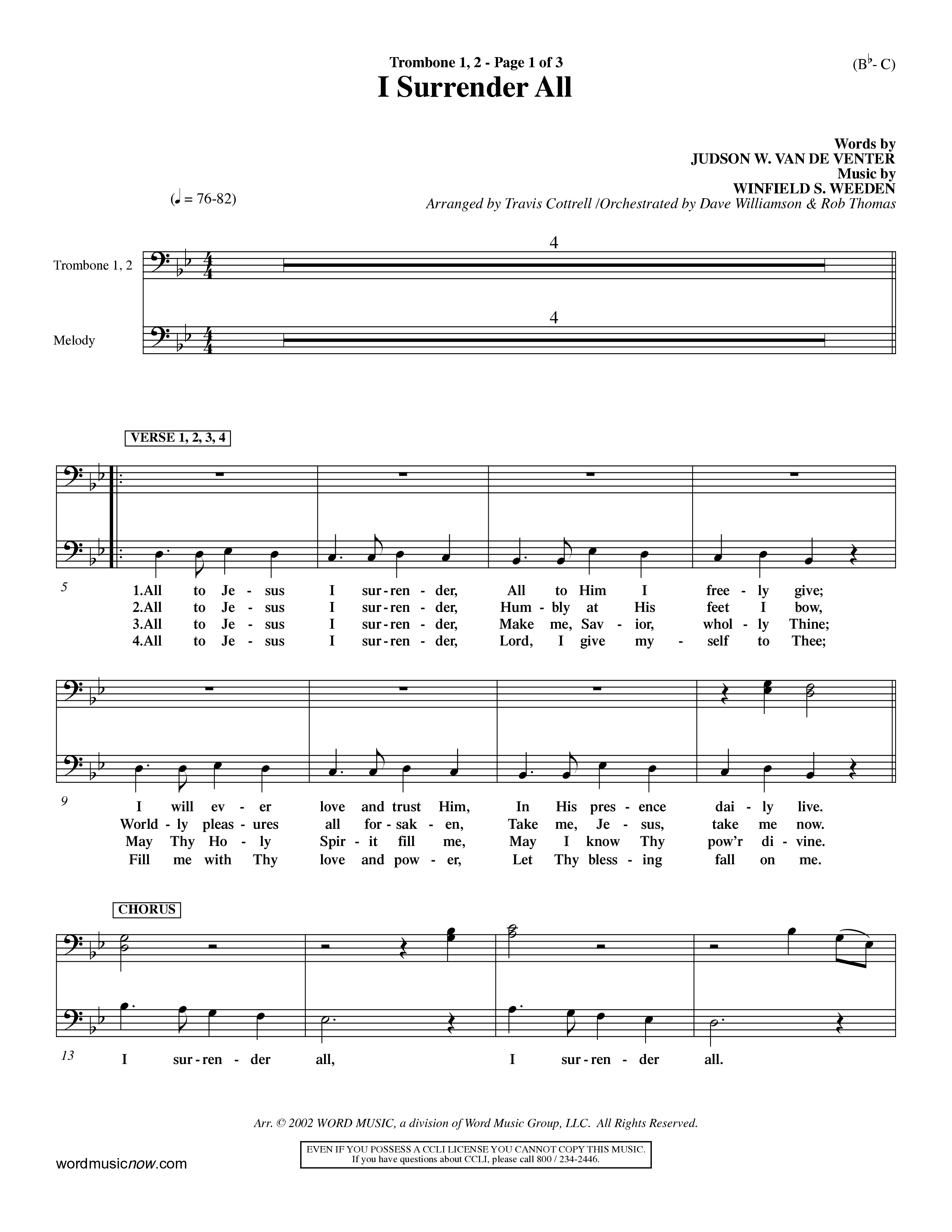 I Surrender All (Choral Anthem SATB) Trombone 1/2 (Word Music Choral / Arr. Travis Cottrell / Orch. Dave Williamson / Orch. Rob Thomas)