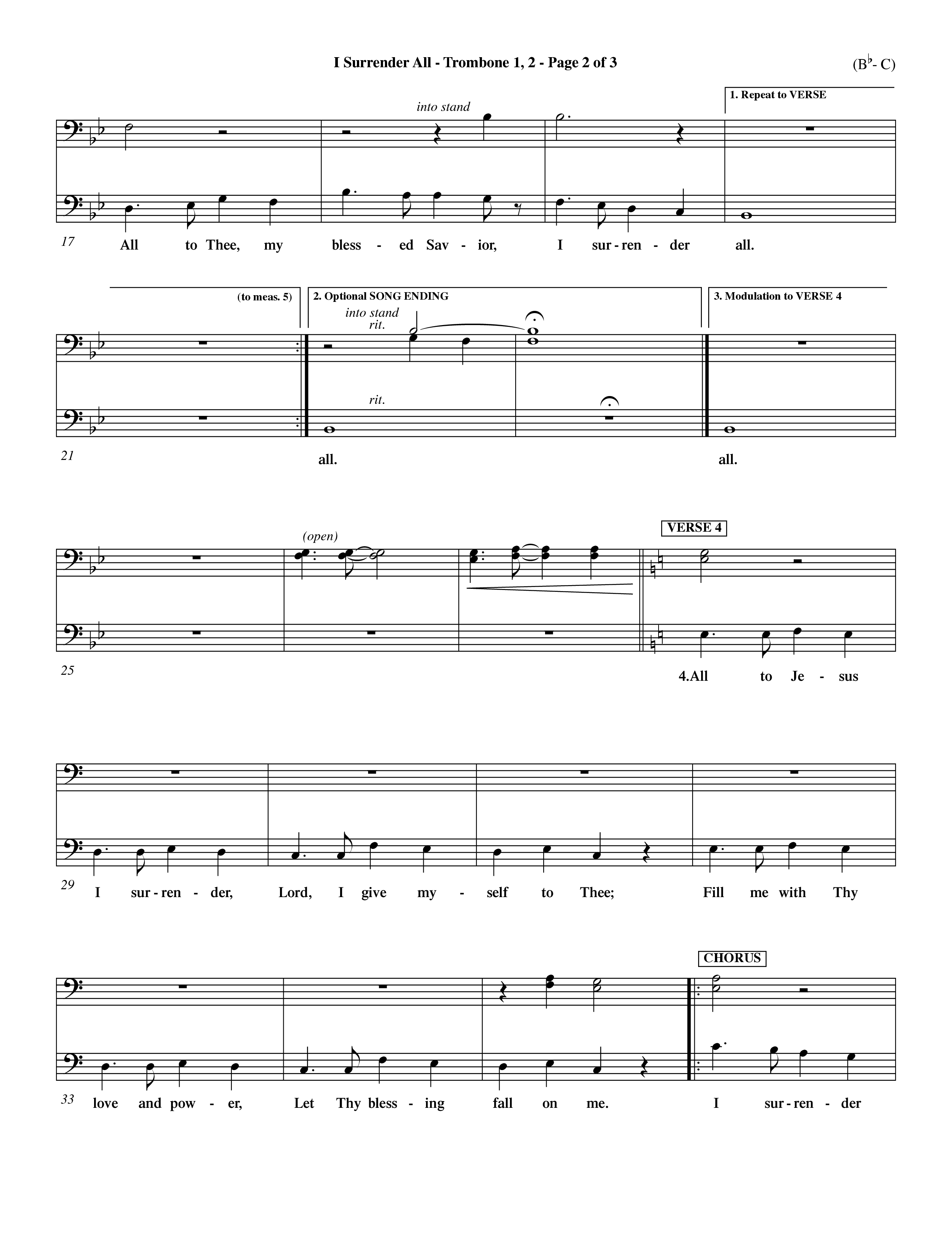 I Surrender All (Choral Anthem SATB) Trombone 1/2 (Word Music Choral / Arr. Travis Cottrell / Orch. Dave Williamson / Orch. Rob Thomas)