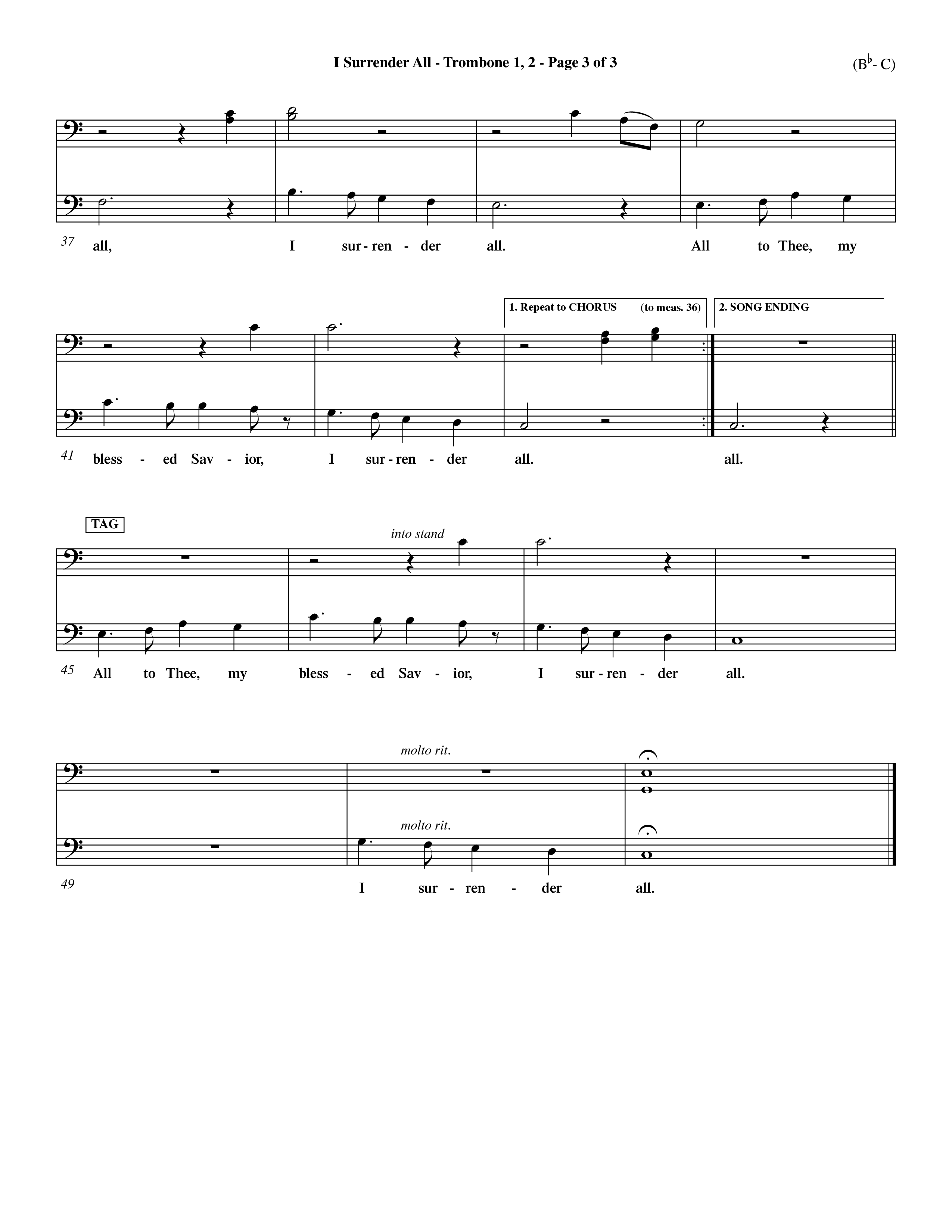 I Surrender All (Choral Anthem SATB) Trombone 1/2 (Word Music Choral / Arr. Travis Cottrell / Orch. Dave Williamson / Orch. Rob Thomas)