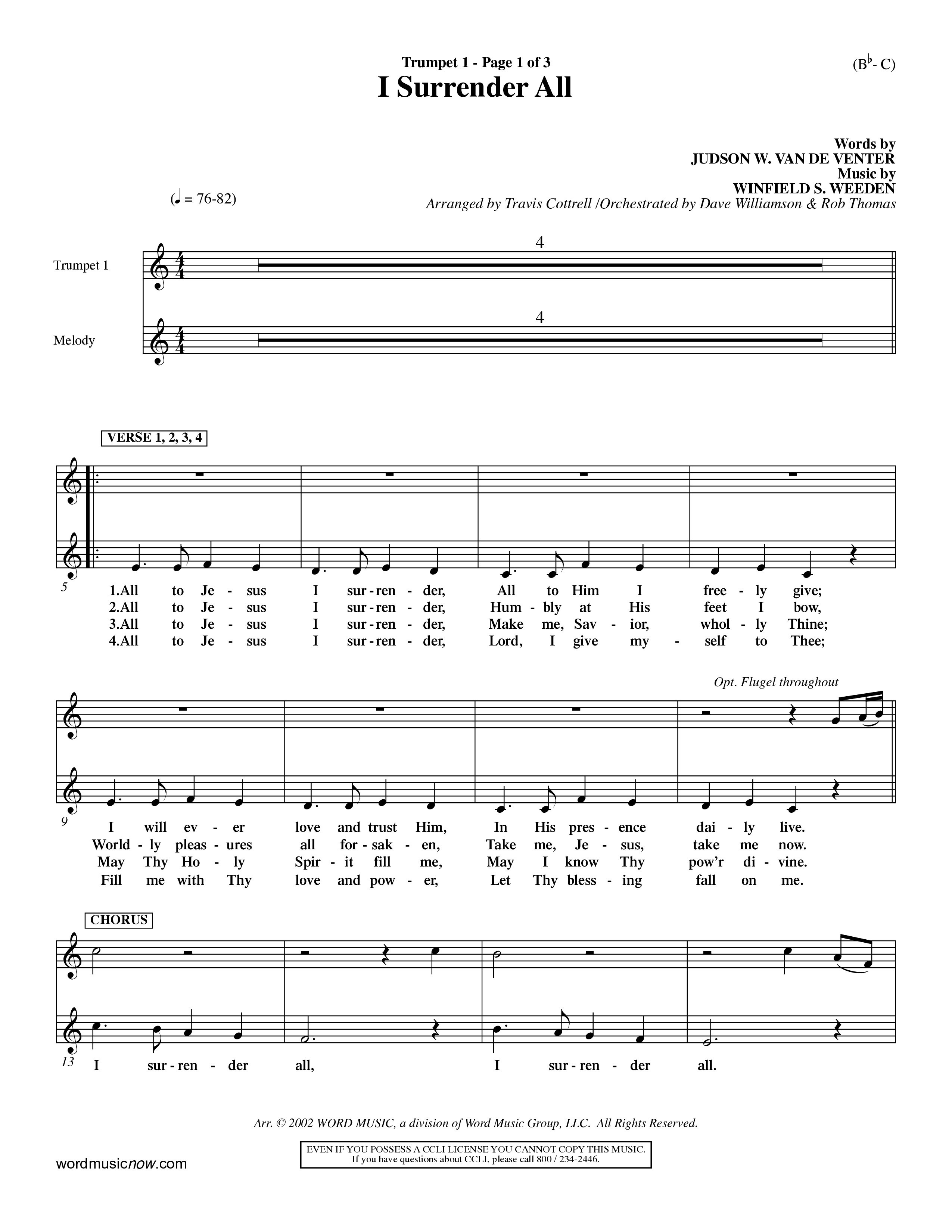 I Surrender All (Choral Anthem SATB) Trumpet 1 (Word Music Choral / Arr. Travis Cottrell / Orch. Dave Williamson / Orch. Rob Thomas)