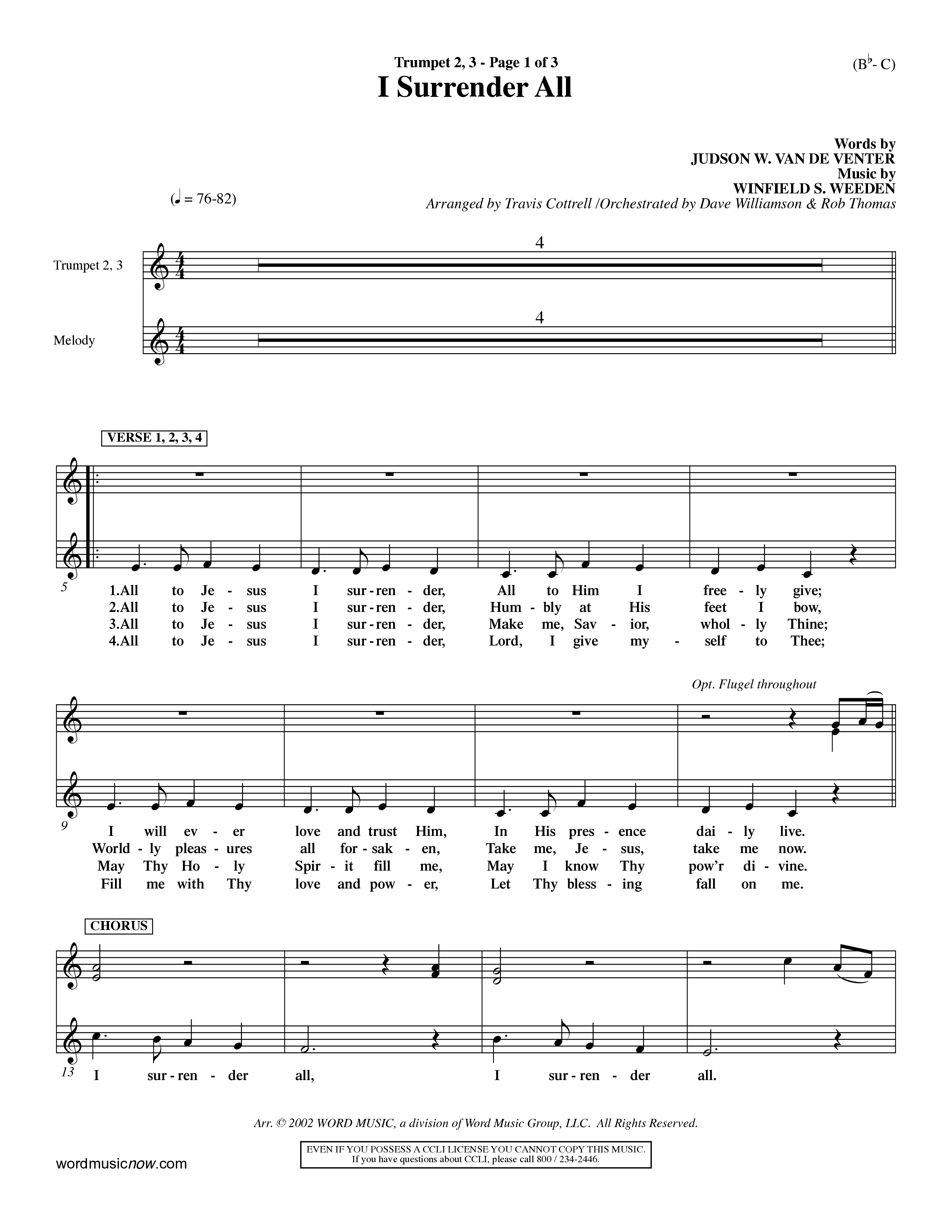 I Surrender All (Choral Anthem SATB) Trumpet 2/3 (Word Music Choral / Arr. Travis Cottrell / Orch. Dave Williamson / Orch. Rob Thomas)