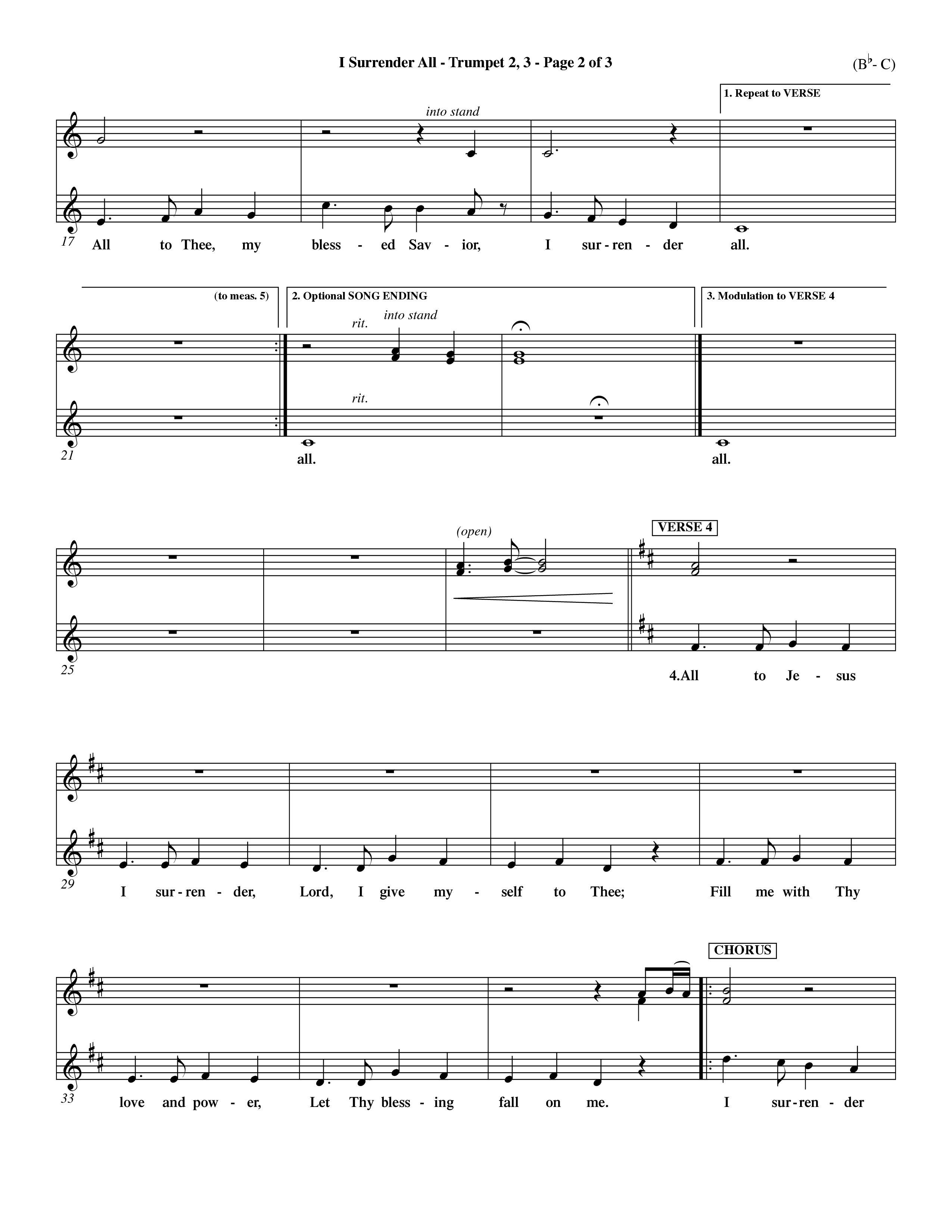 I Surrender All (Choral Anthem SATB) Trumpet 2/3 (Word Music Choral / Arr. Travis Cottrell / Orch. Dave Williamson / Orch. Rob Thomas)