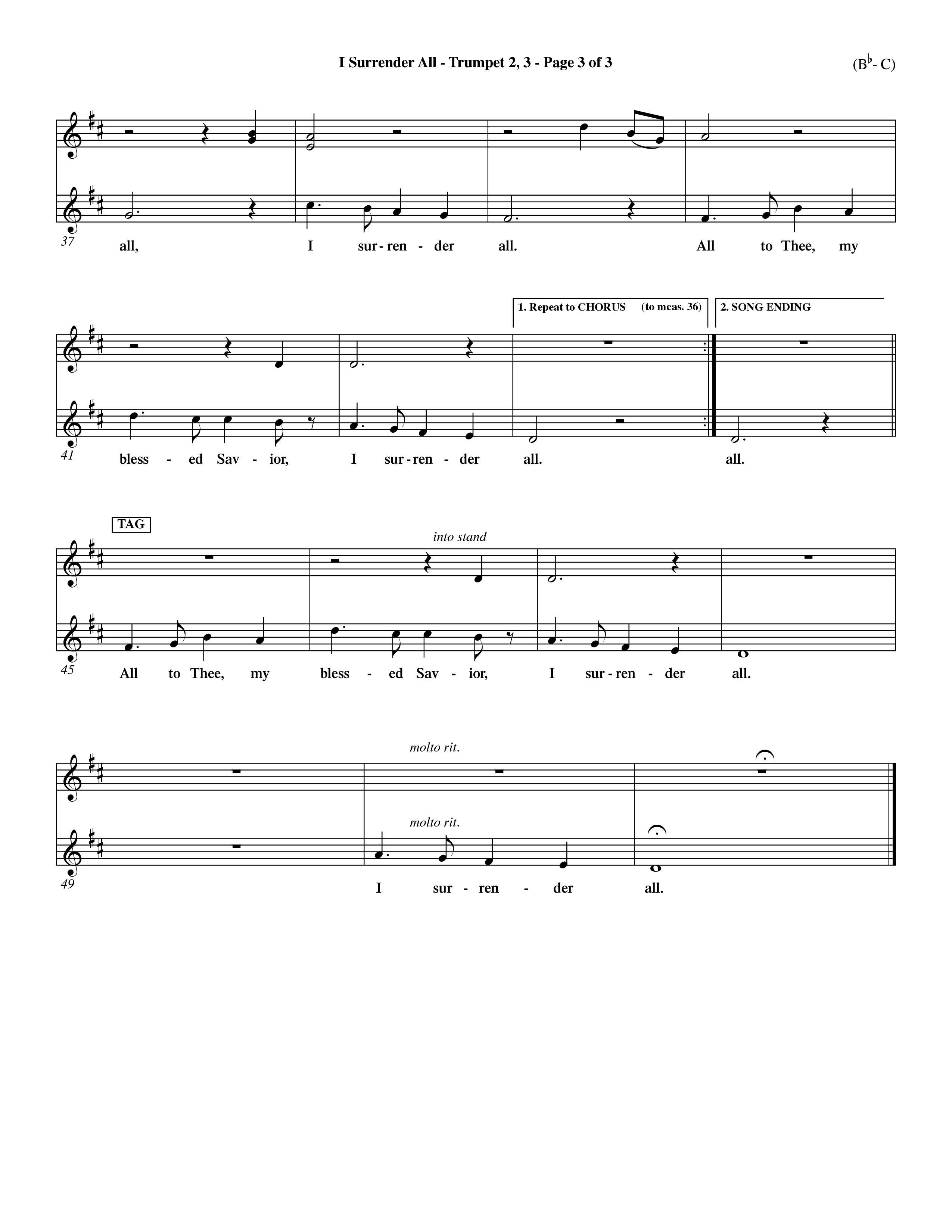 I Surrender All (Choral Anthem SATB) Trumpet 2/3 (Word Music Choral / Arr. Travis Cottrell / Orch. Dave Williamson / Orch. Rob Thomas)