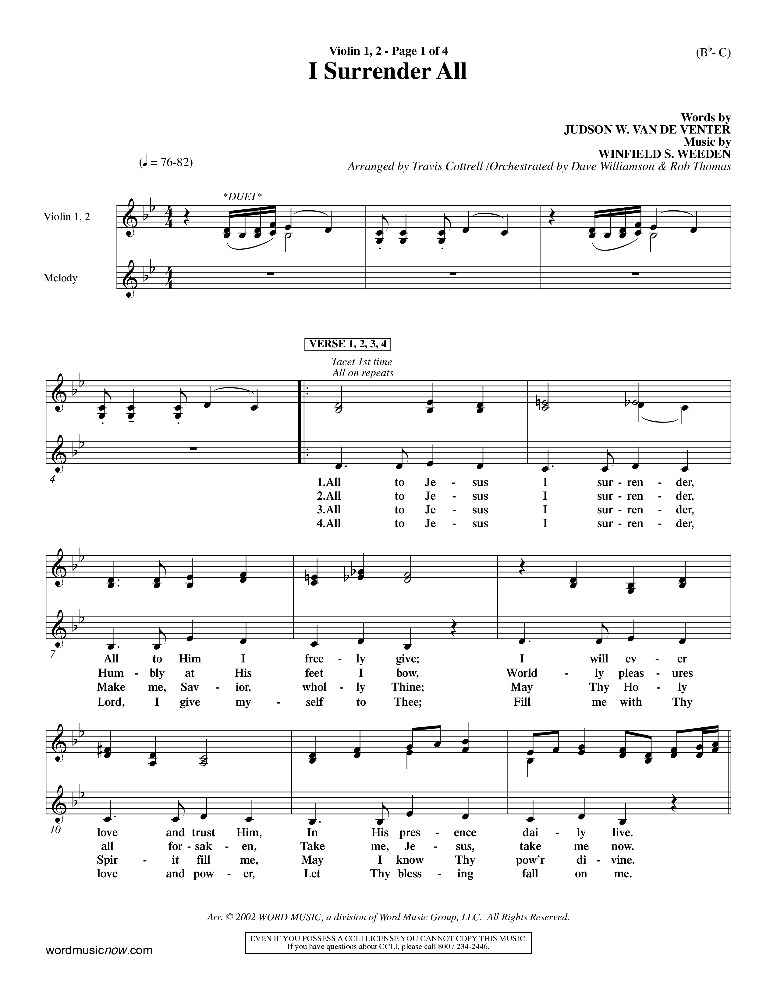 I Surrender All (Choral Anthem SATB) Violin 1/2 (Word Music Choral / Arr. Travis Cottrell / Orch. Dave Williamson / Orch. Rob Thomas)