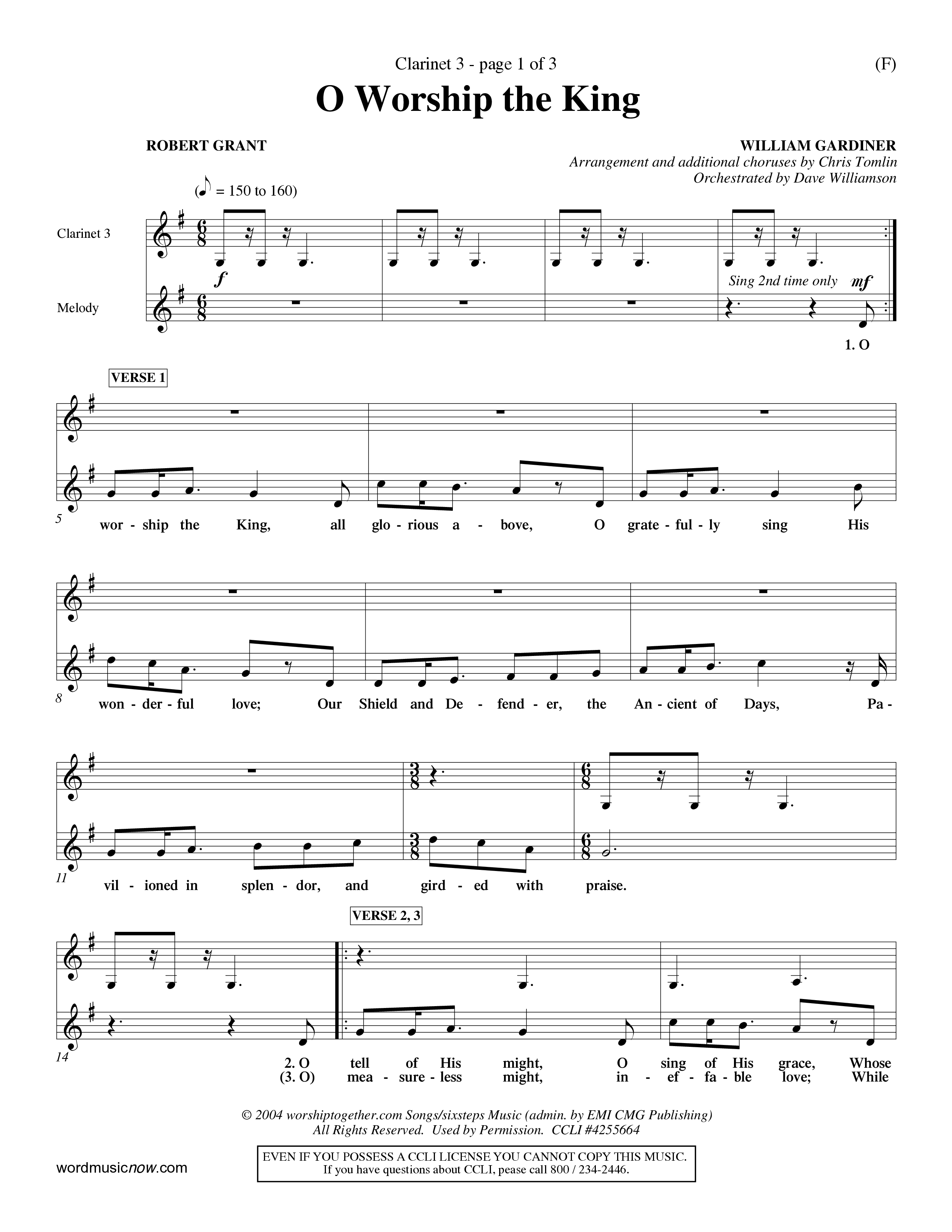O Worship The King (Choral Anthem SATB) Clarinet 3 (Word Music Choral / Arr. Chris Tomlin)