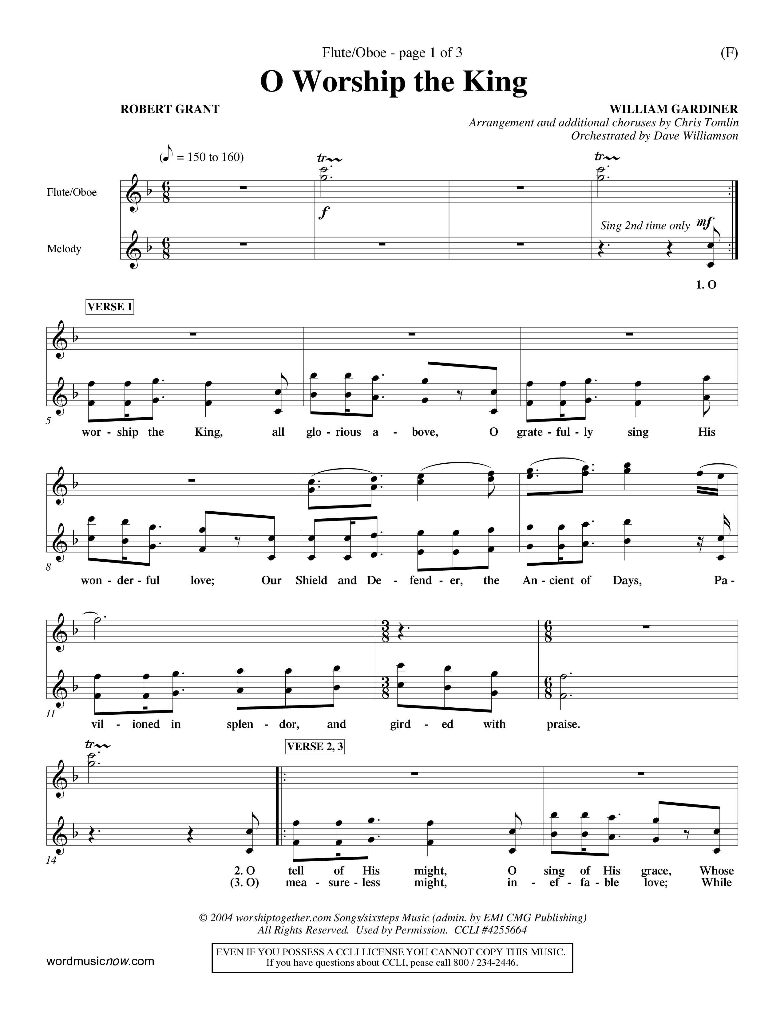O Worship The King (Choral Anthem SATB) Flute/Oboe (Word Music Choral / Arr. Chris Tomlin)