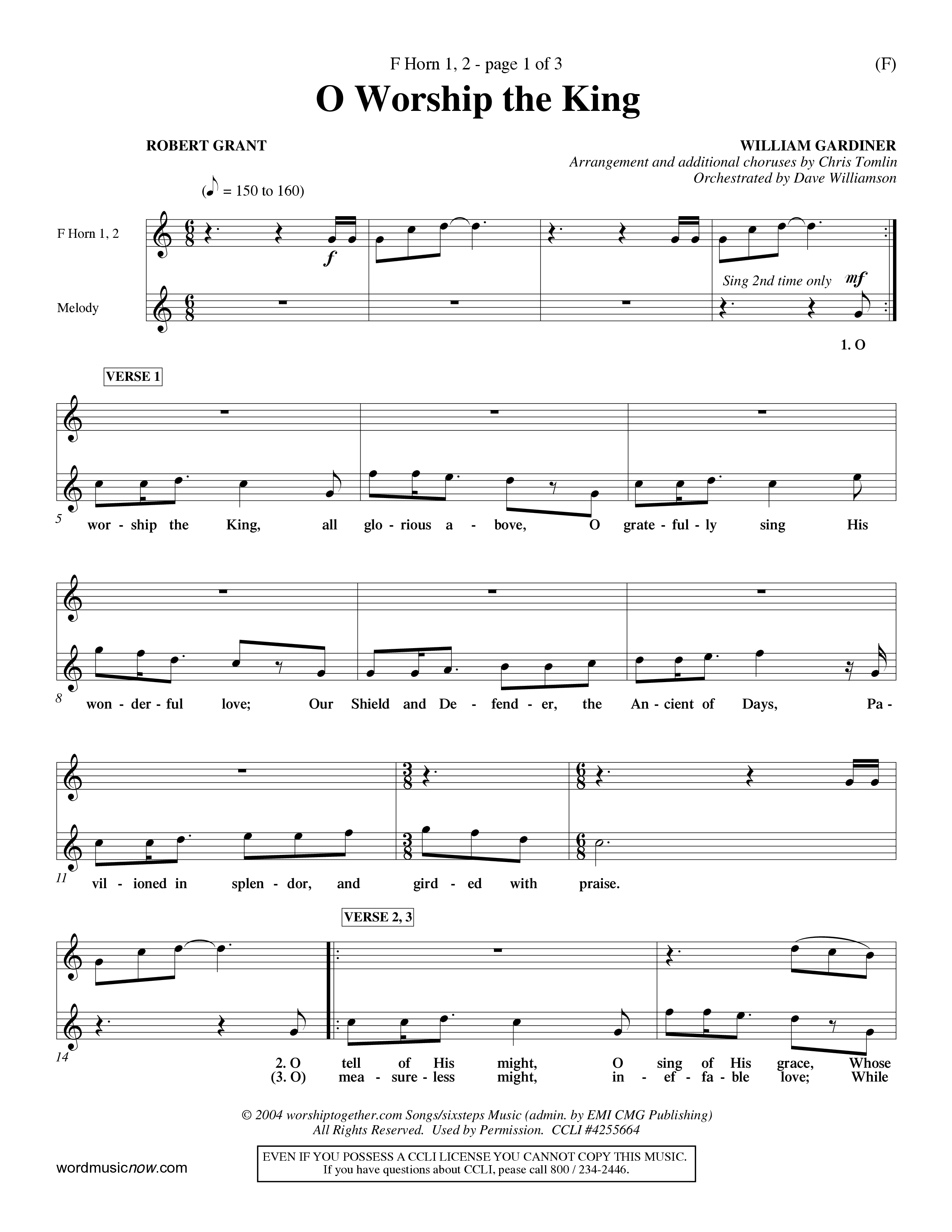 O Worship The King (Choral Anthem SATB) French Horn (Word Music Choral / Arr. Chris Tomlin)