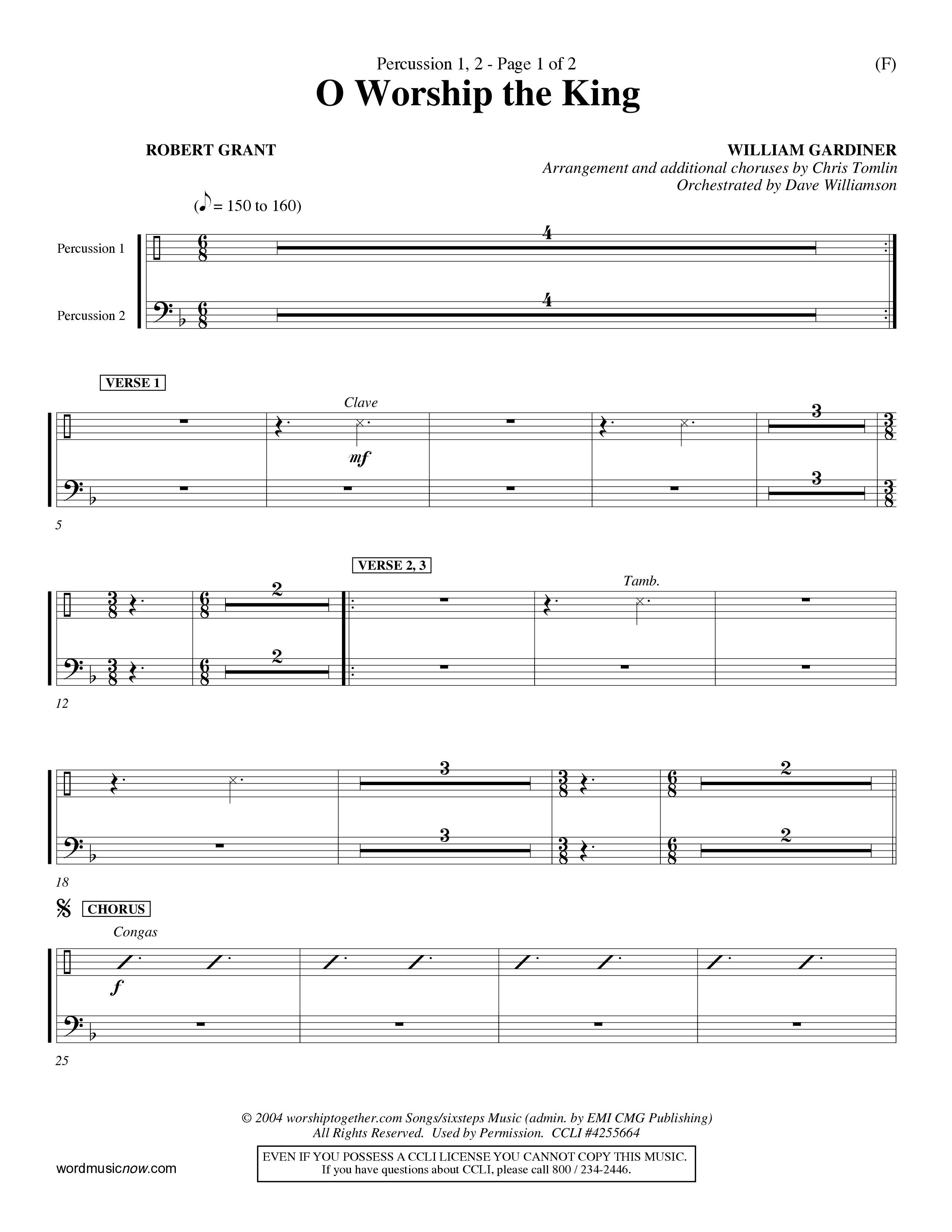 O Worship The King (Choral Anthem SATB) Percussion 1/2 (Word Music Choral / Arr. Chris Tomlin)