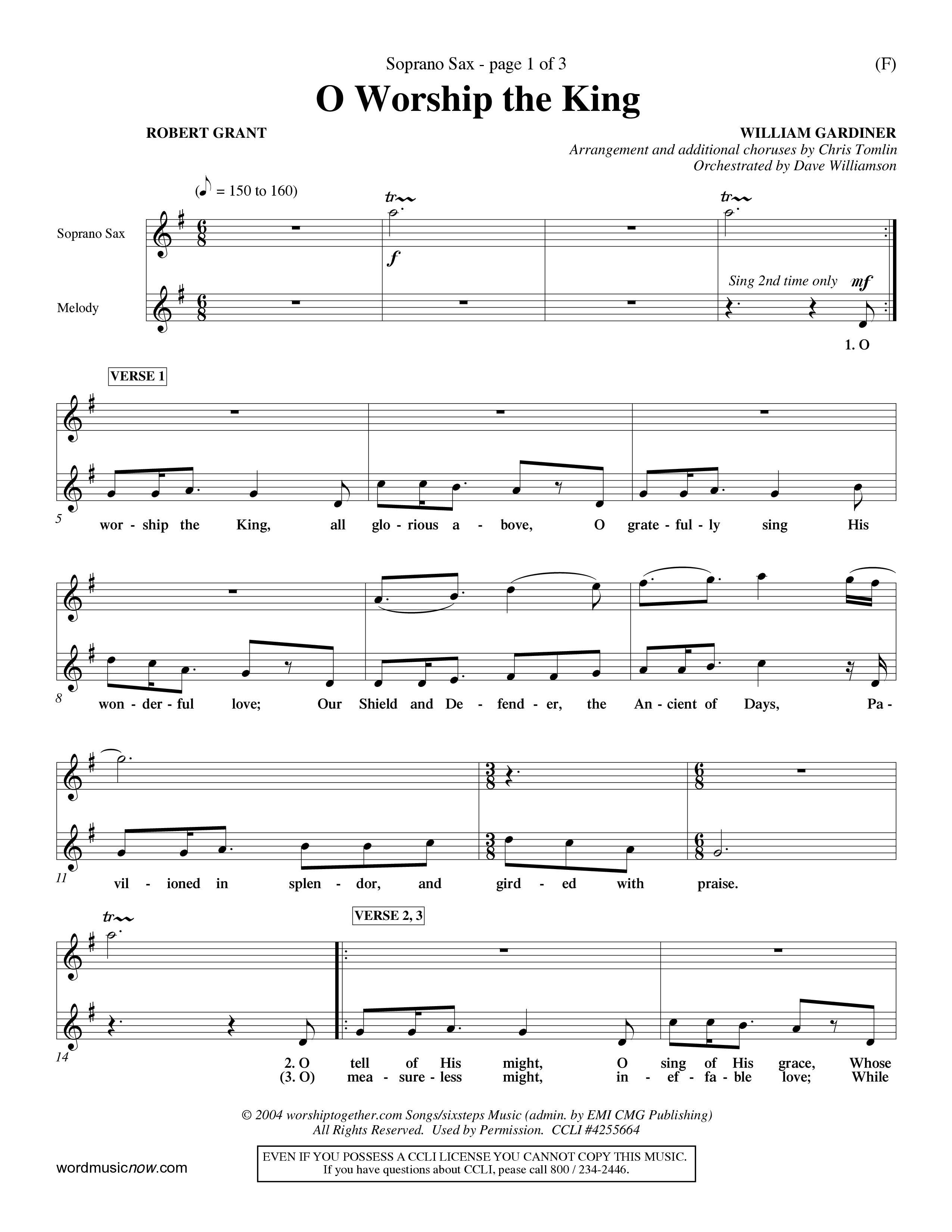O Worship The King (Choral Anthem SATB) Saxophone (Word Music Choral / Arr. Chris Tomlin)