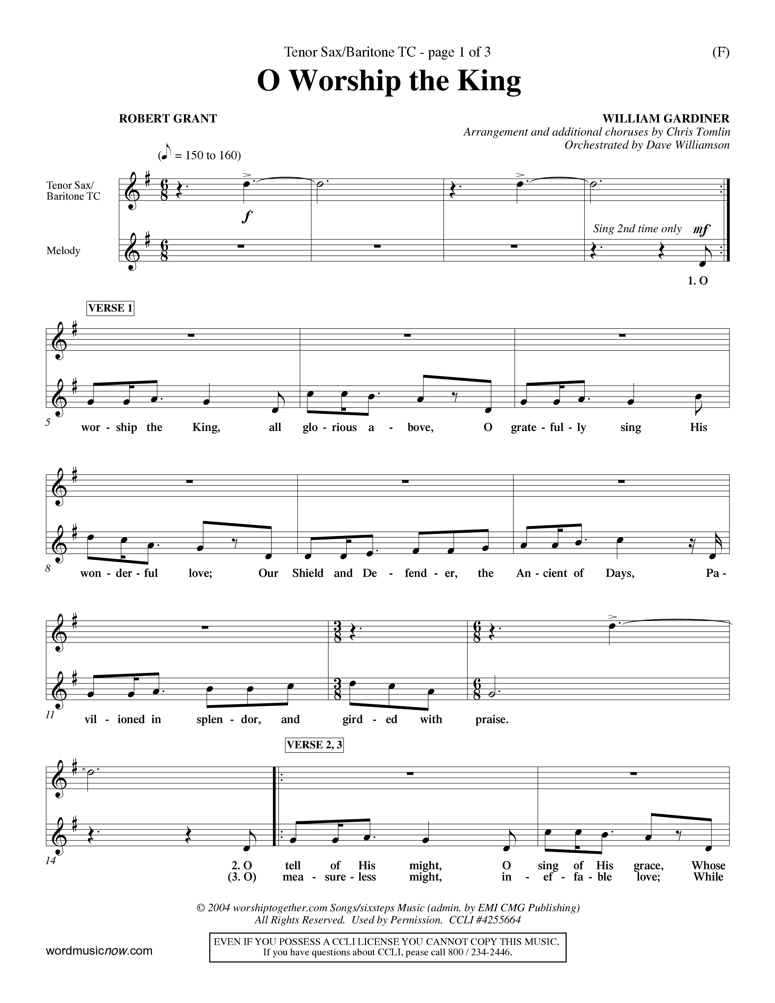 O Worship The King (Choral Anthem SATB) Tenor Sax/Baritone T.C. (Word Music Choral / Arr. Chris Tomlin)