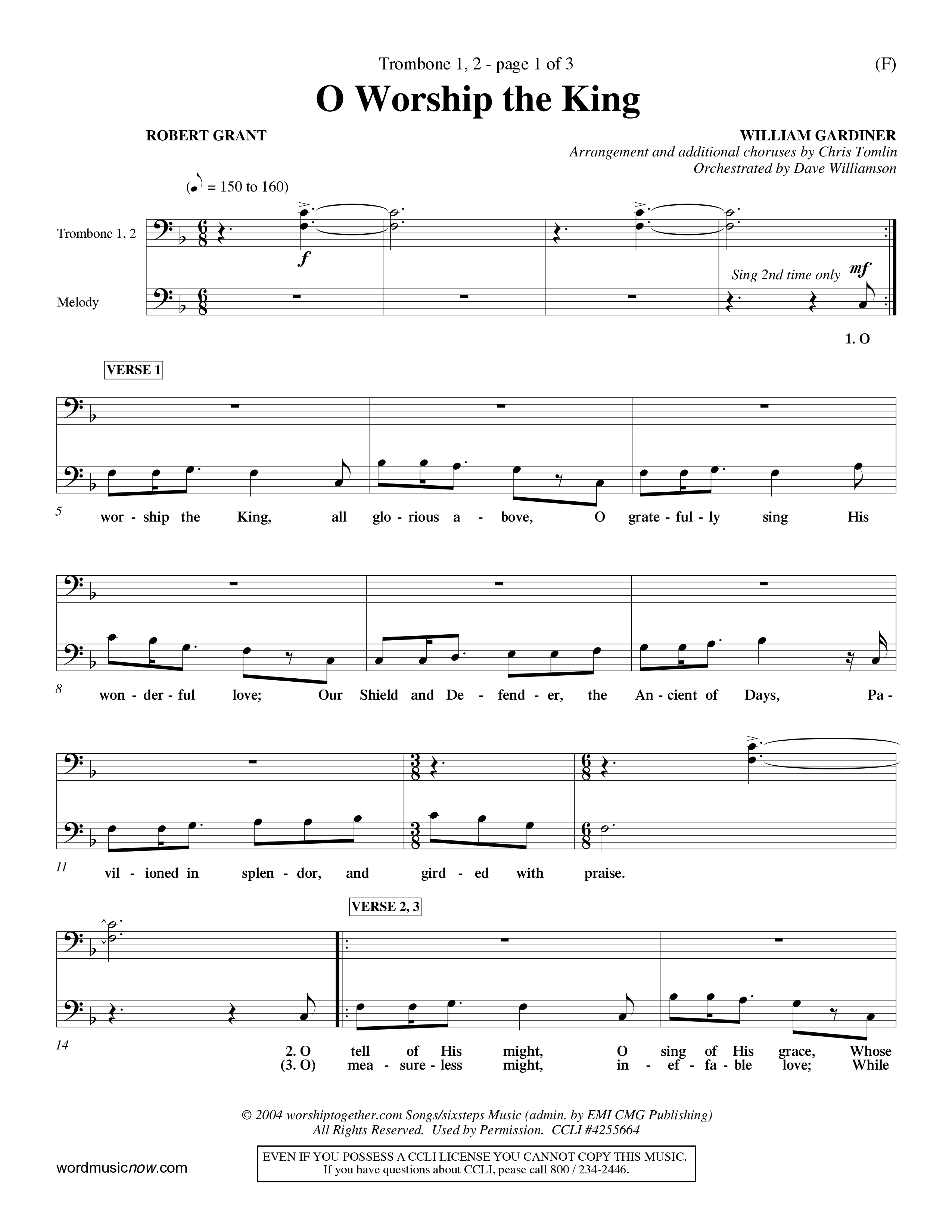 O Worship The King (Choral Anthem SATB) Trombone 1/2 (Word Music Choral / Arr. Chris Tomlin)
