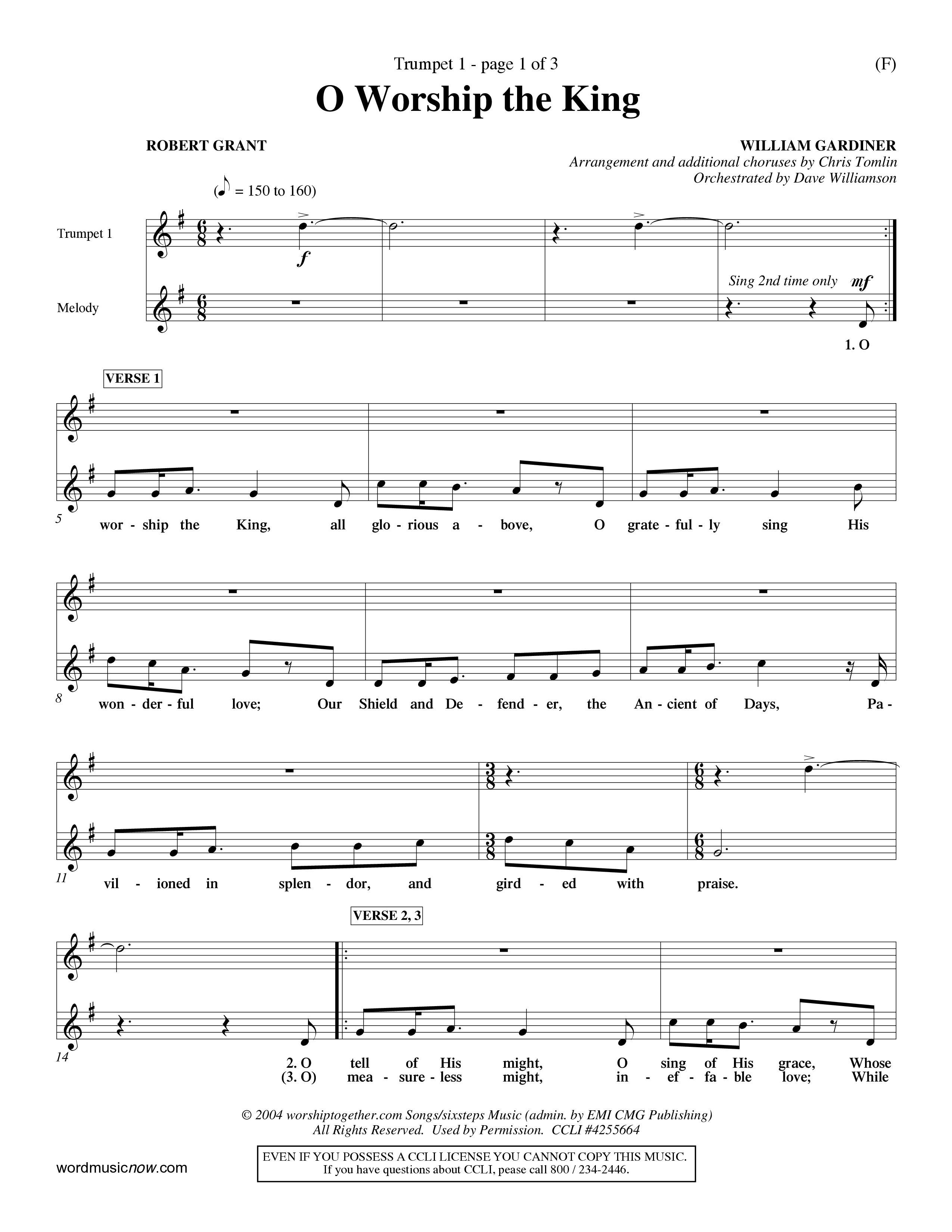 O Worship The King (Choral Anthem SATB) Trumpet 1 (Word Music Choral / Arr. Chris Tomlin)