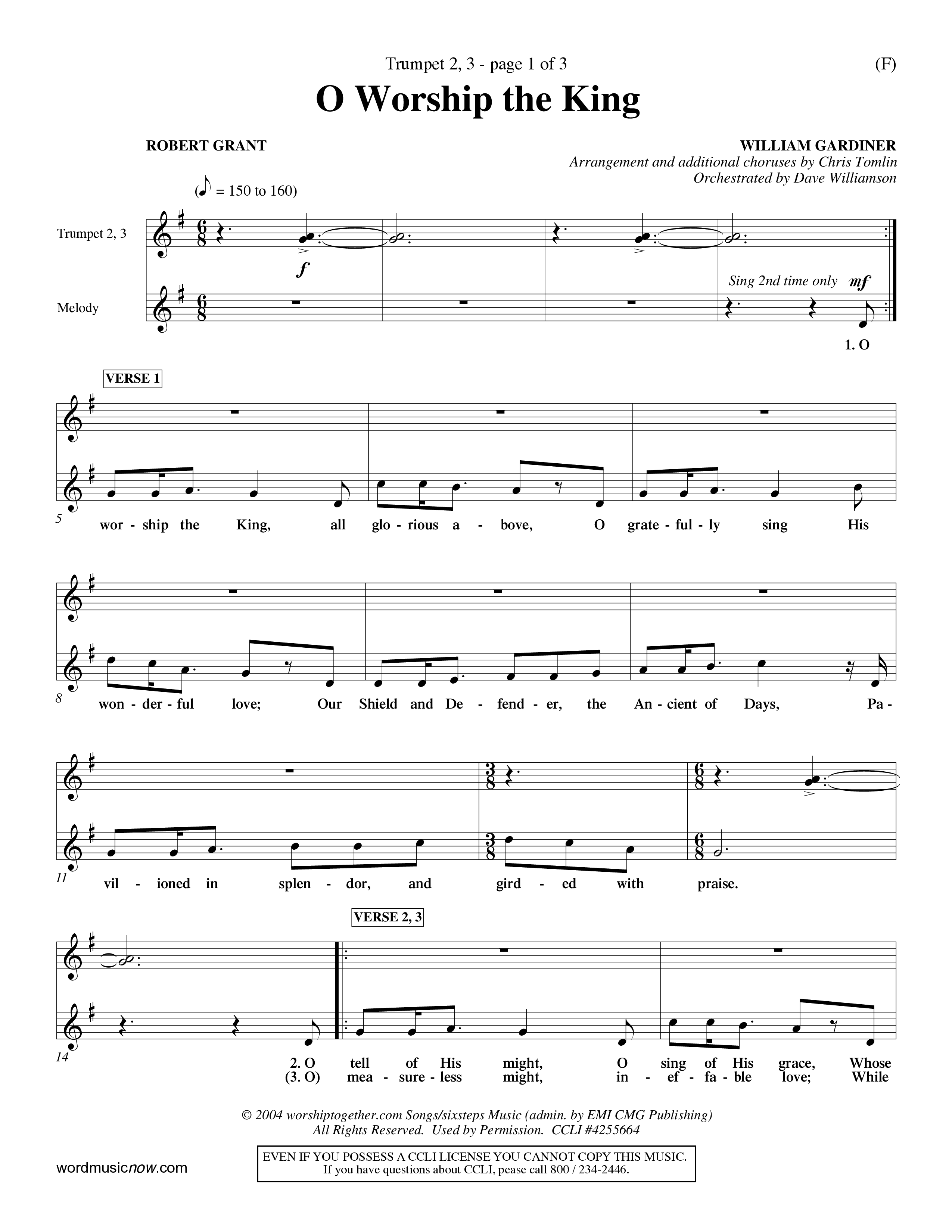 O Worship The King (Choral Anthem SATB) Trumpet 2/3 (Word Music Choral / Arr. Chris Tomlin)