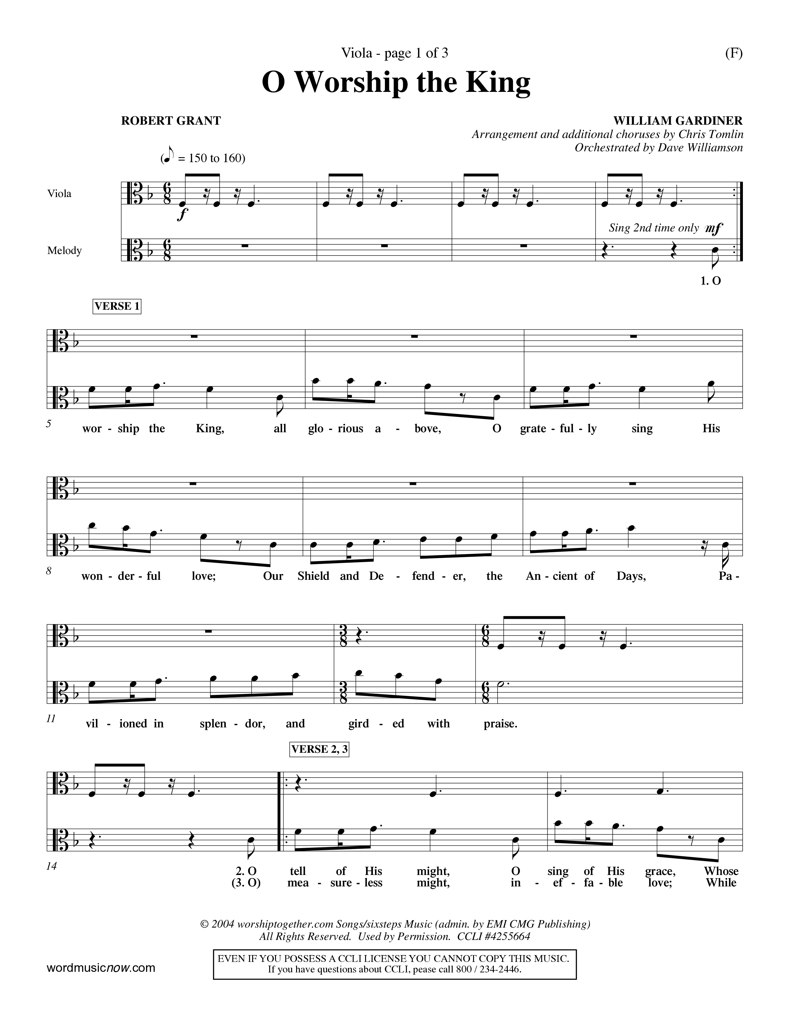 O Worship The King (Choral Anthem SATB) Viola (Word Music Choral / Arr. Chris Tomlin)