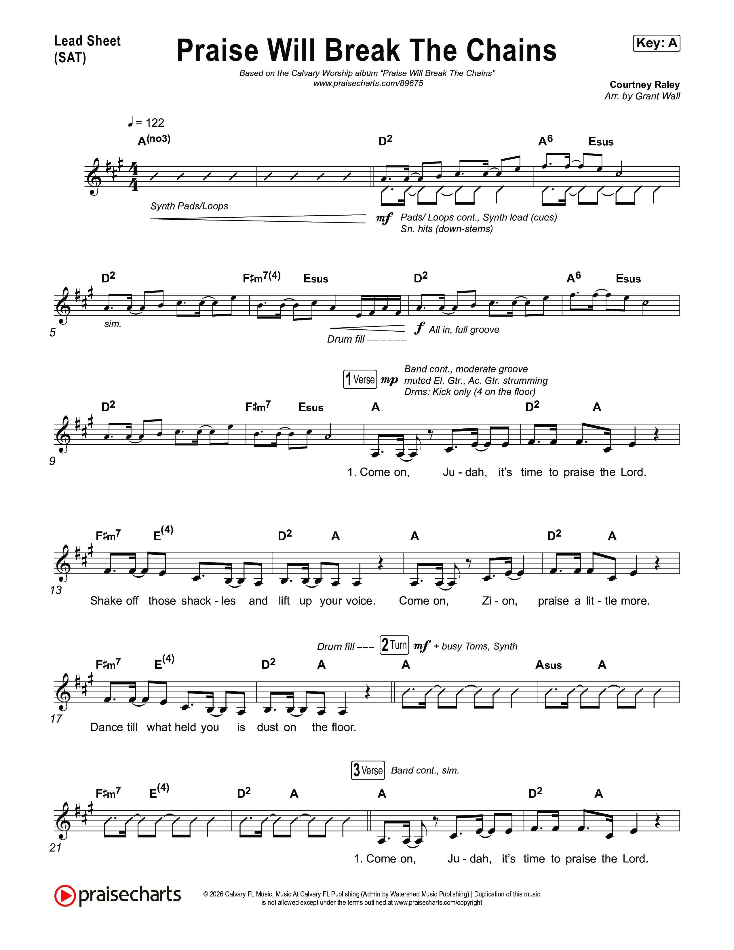 Praise Will Break The Chains Lead Sheet (SAT) (Calvary Worship Live / Courtney Raley)