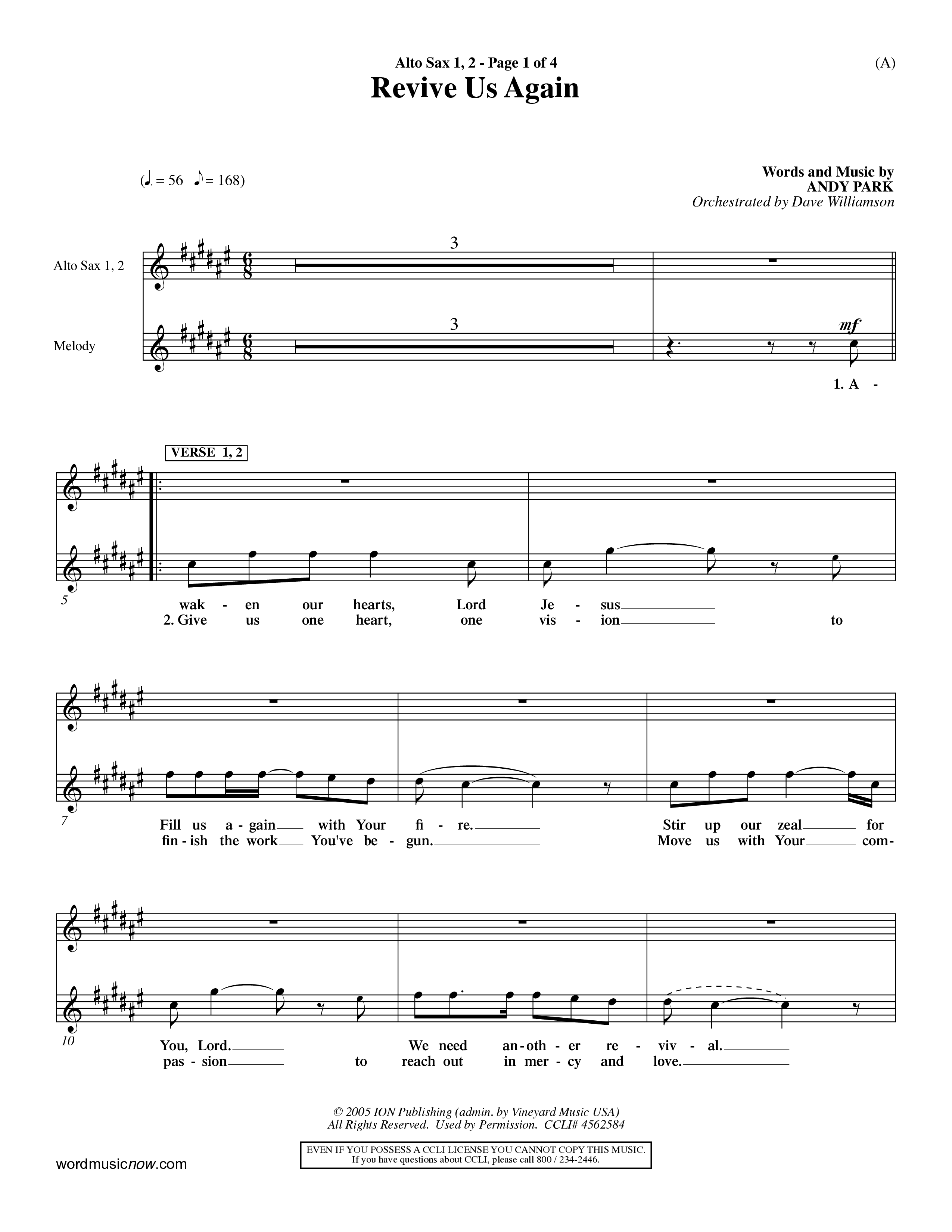 Revive Us Again  (Choral Anthem SATB) Alto Sax 1/2 (Word Music Choral / Orch. Dave Williamson)