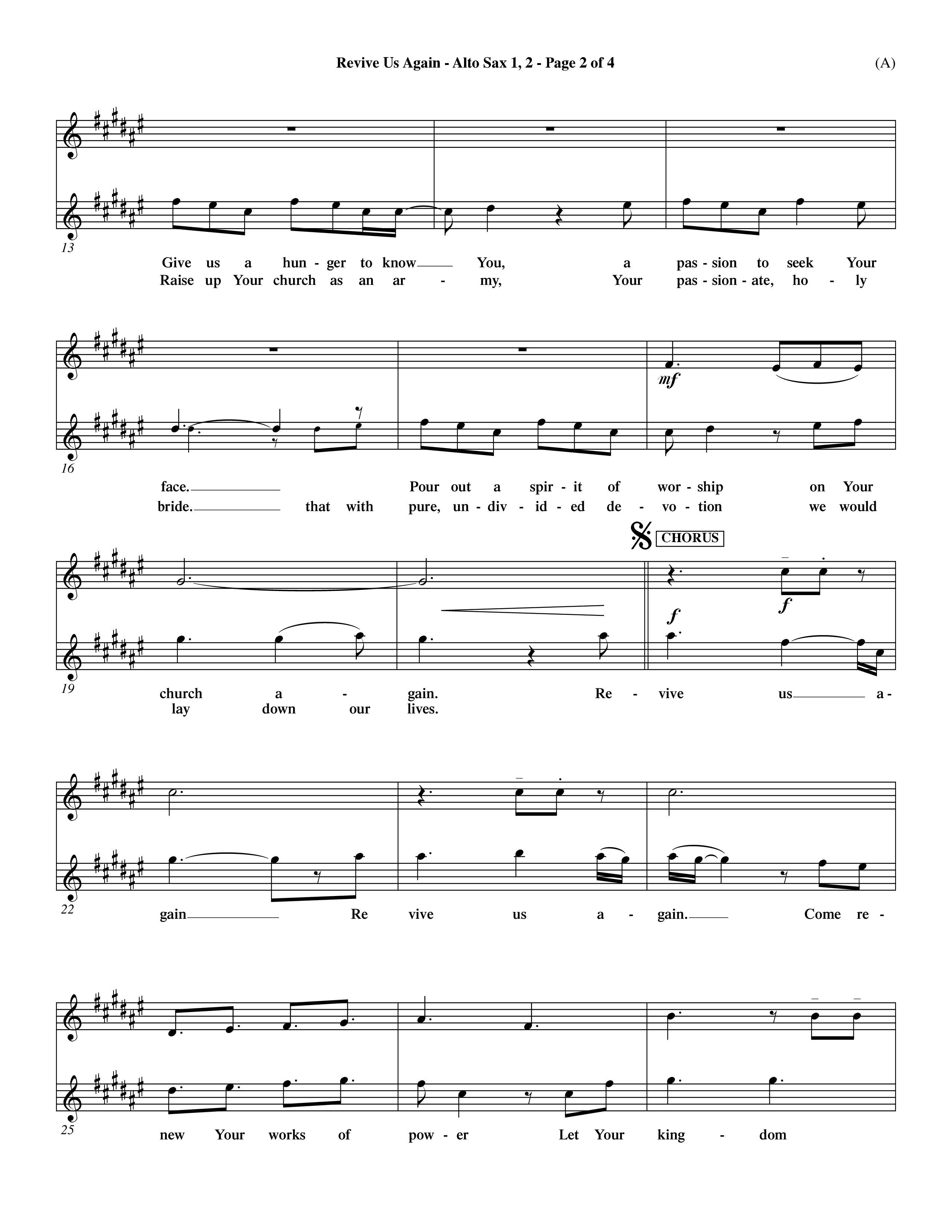 Revive Us Again  (Choral Anthem SATB) Alto Sax 1/2 (Word Music Choral / Orch. Dave Williamson)