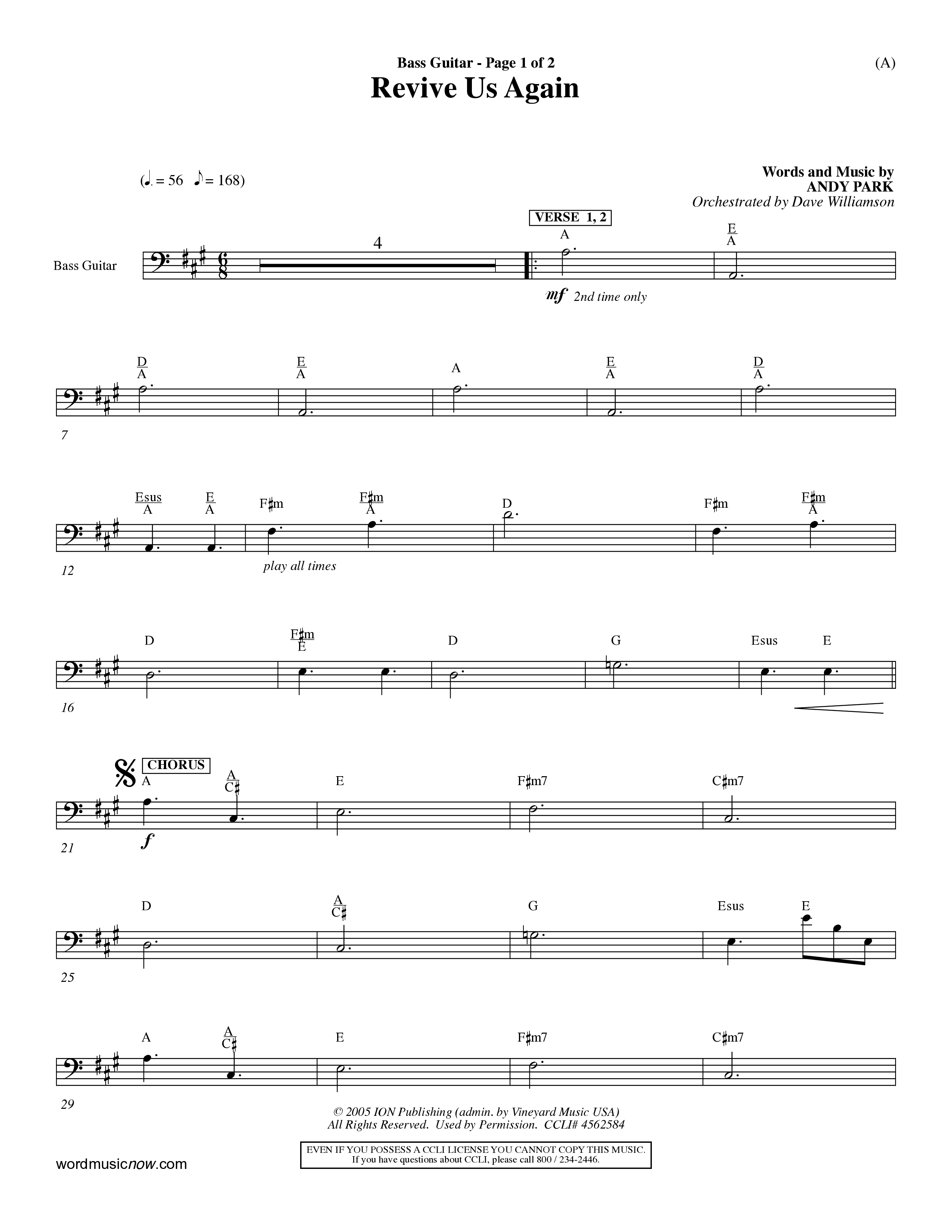 Revive Us Again  (Choral Anthem SATB) Bass Guitar (Word Music Choral / Orch. Dave Williamson)