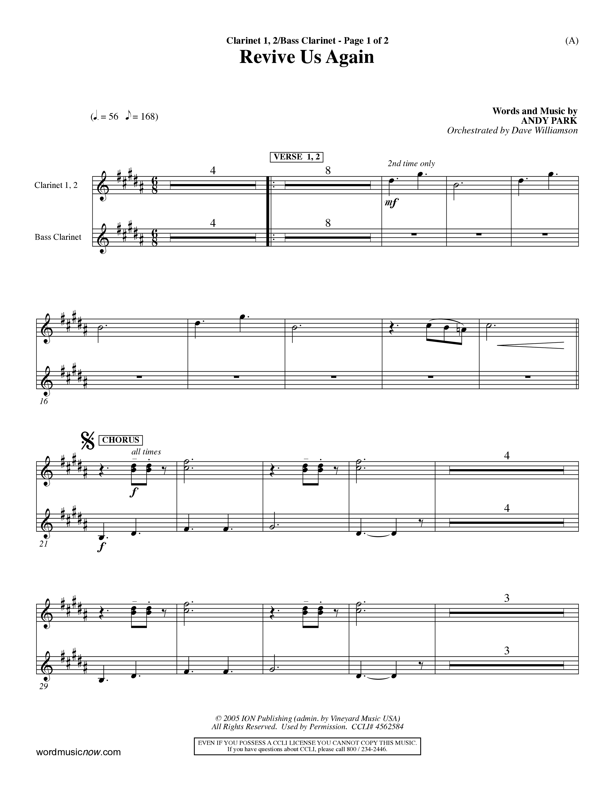 Revive Us Again  (Choral Anthem SATB) Clarinet 1/2, Bass Clarinet (Word Music Choral / Orch. Dave Williamson)
