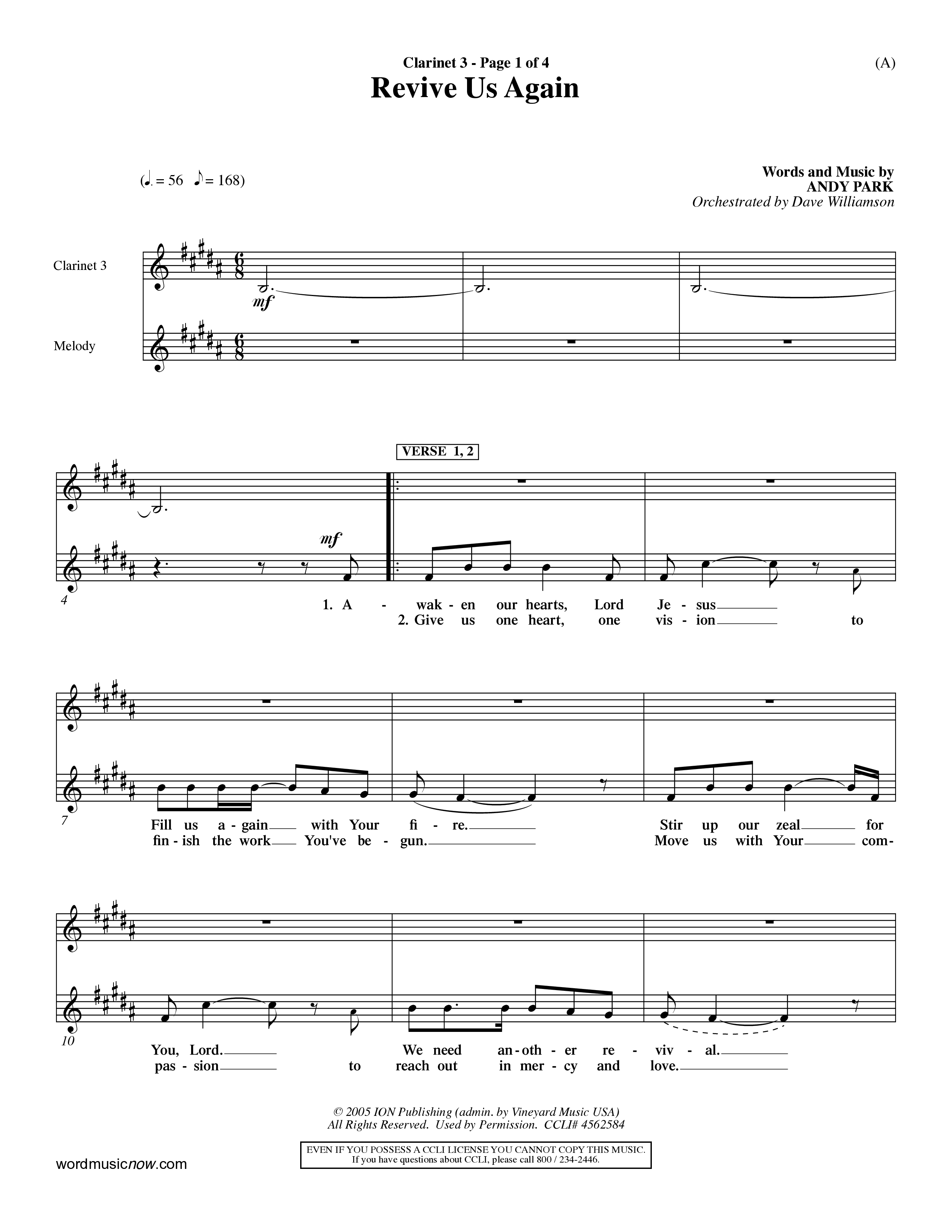 Revive Us Again (Choral Anthem SATB) Clarinet 3 (Word Music Choral / Orch. Dave Williamson)
