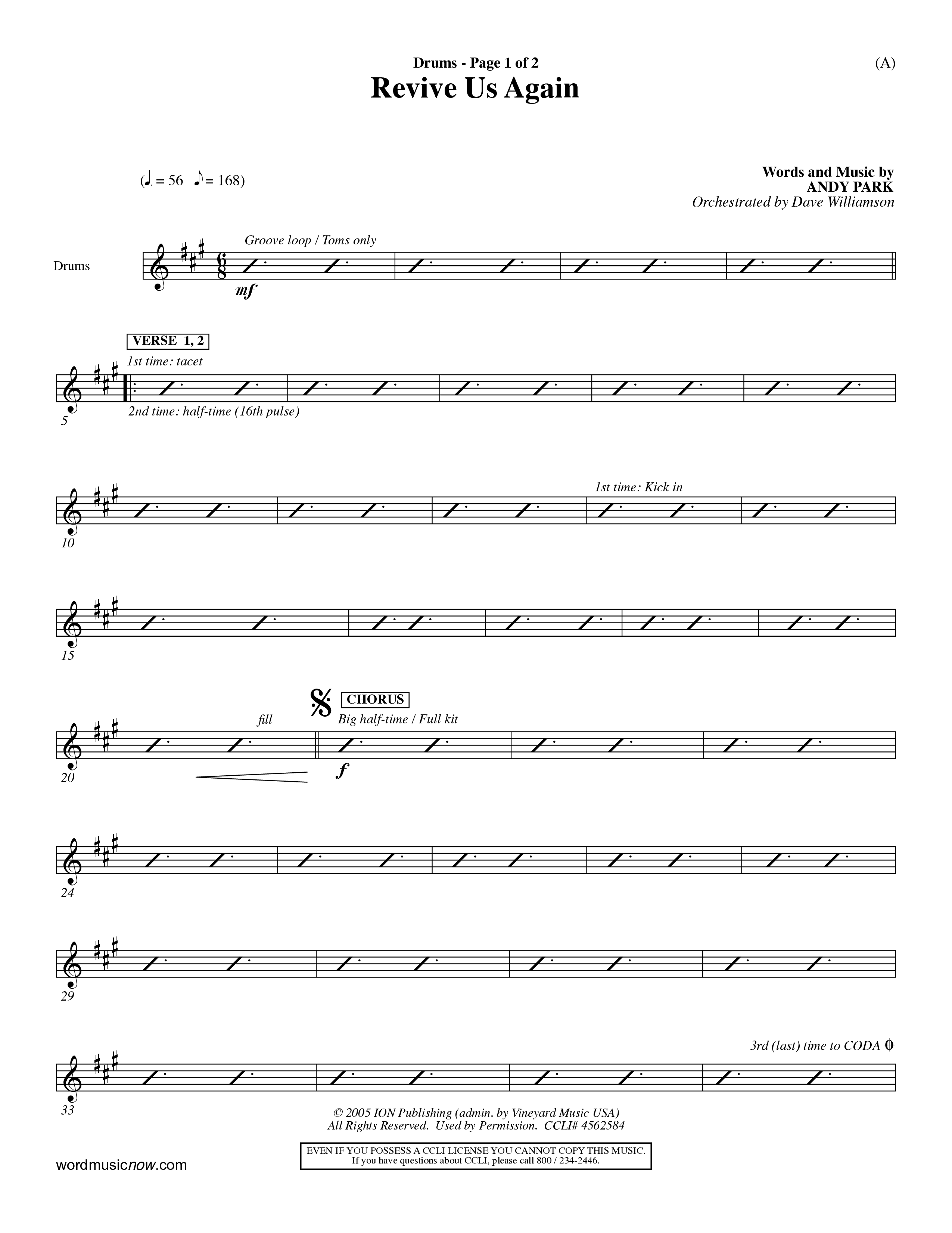 Revive Us Again (Choral Anthem SATB) Drum Set (Word Music Choral / Orch. Dave Williamson)