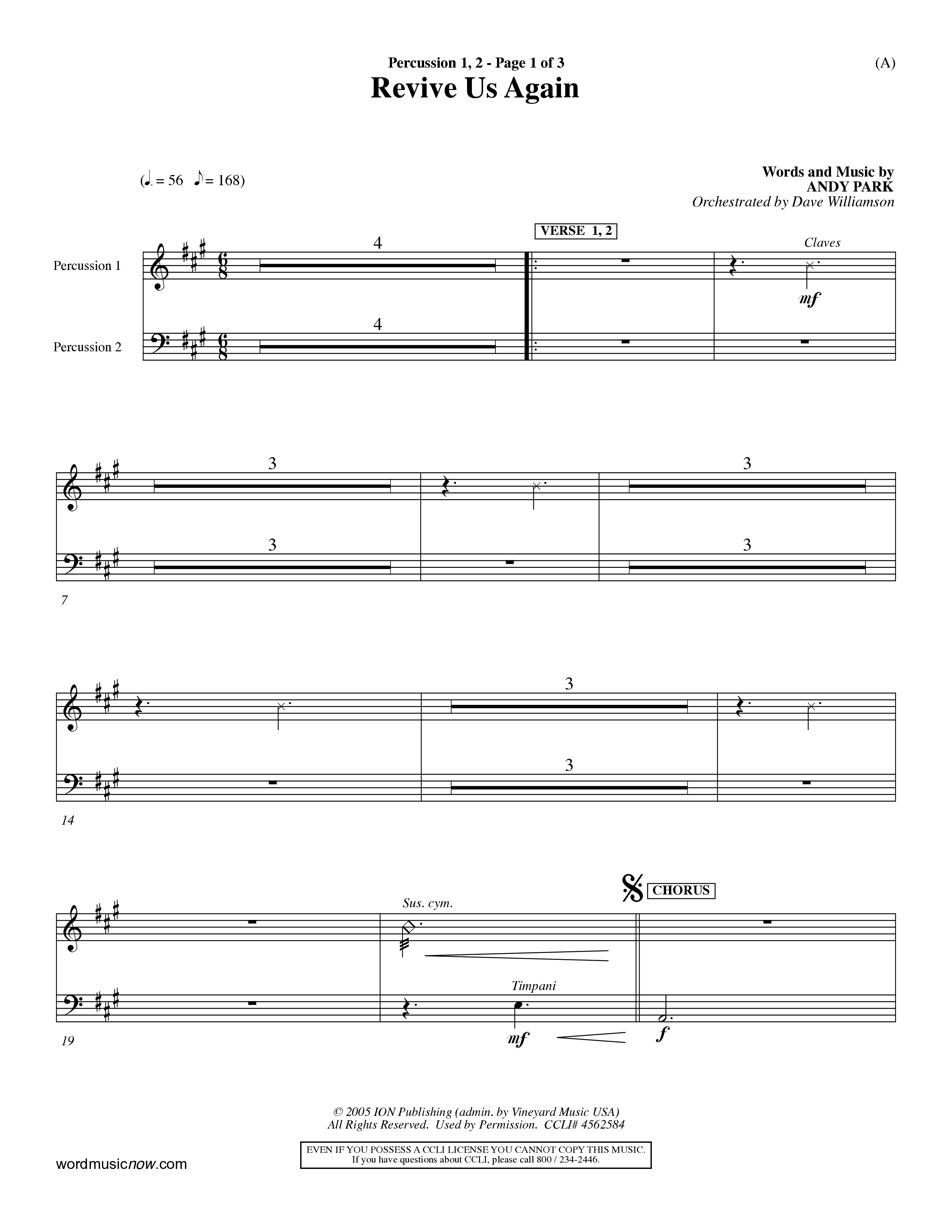 Revive Us Again (Choral Anthem SATB) Percussion 1/2 (Word Music Choral / Orch. Dave Williamson)