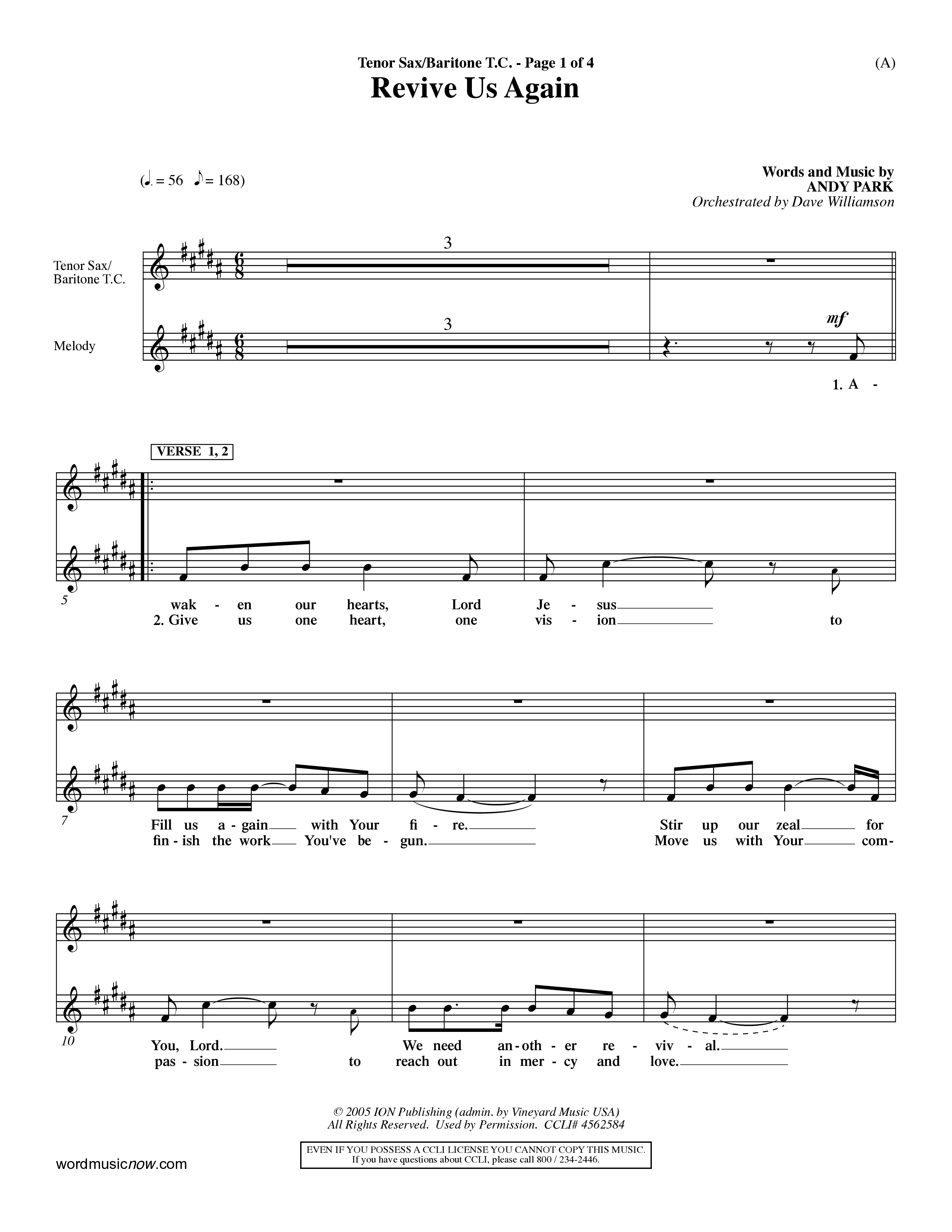 Revive Us Again  (Choral Anthem SATB) Tenor Sax/Baritone T.C. (Word Music Choral / Orch. Dave Williamson)