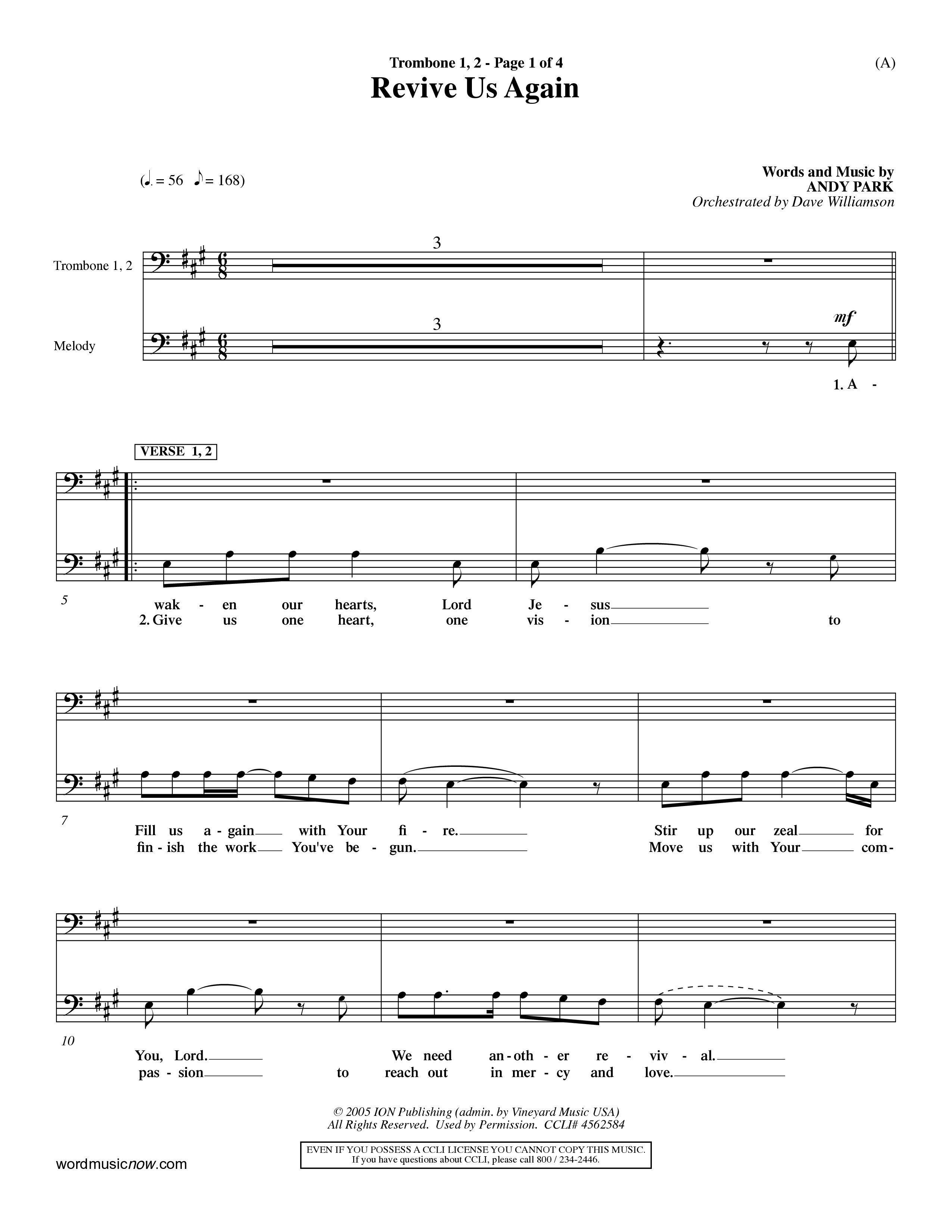 Revive Us Again (Choral Anthem SATB) Trombone 1/2 (Word Music Choral / Orch. Dave Williamson)