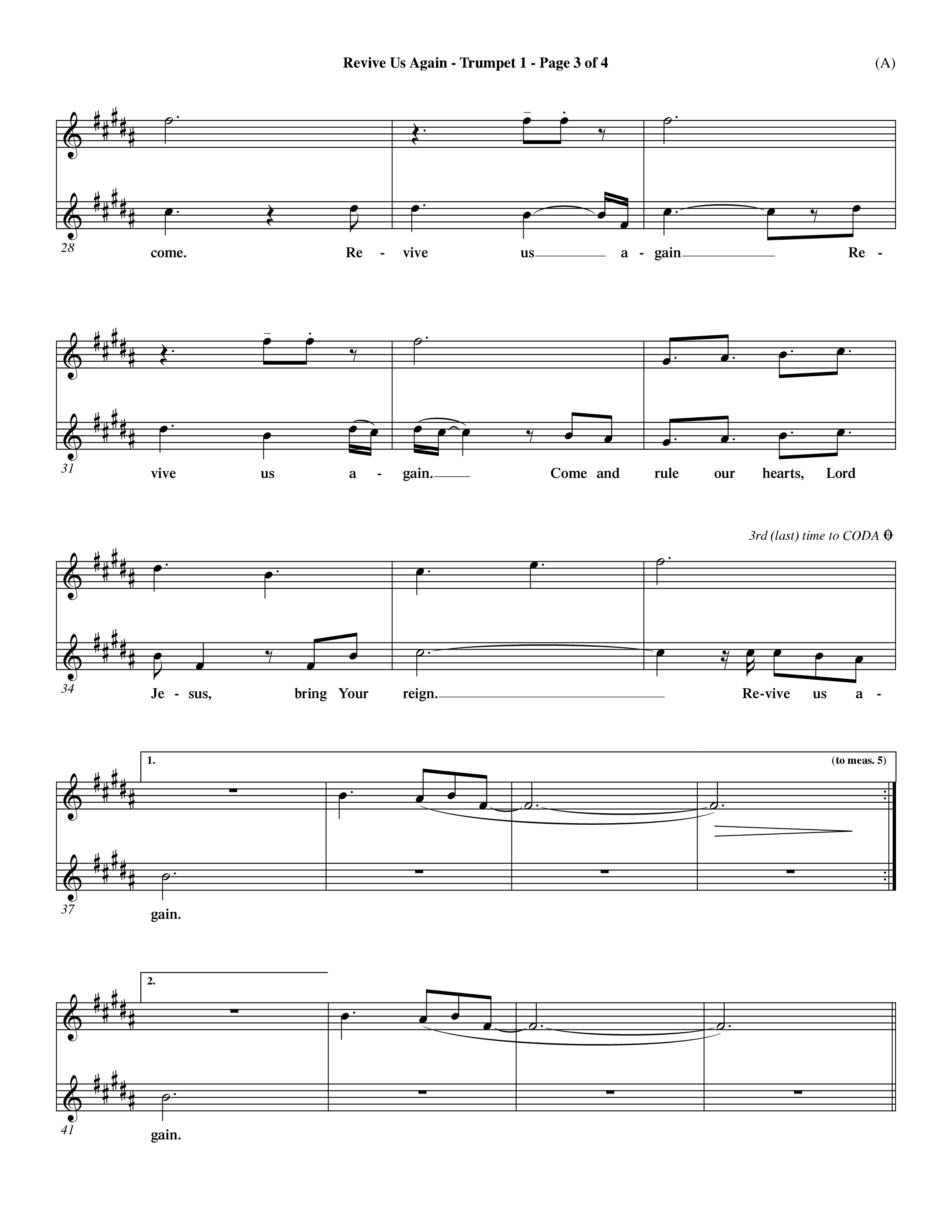 Revive Us Again  (Choral Anthem SATB) Trumpet 1 (Word Music Choral / Orch. Dave Williamson)