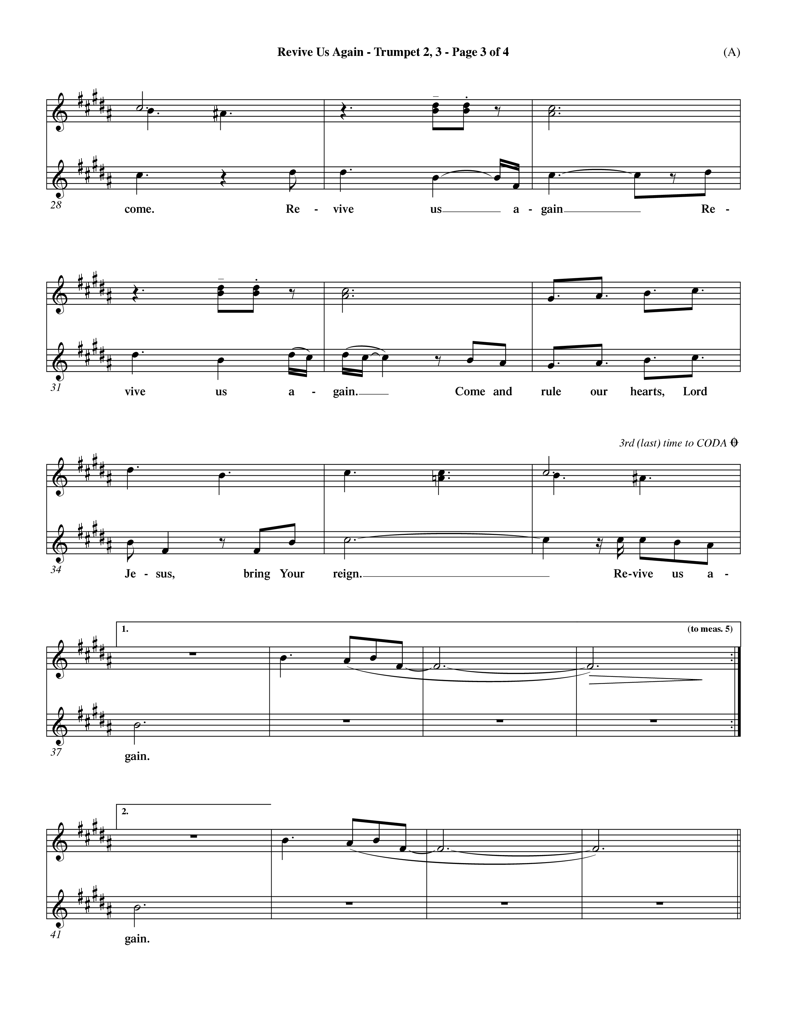 Revive Us Again  (Choral Anthem SATB) Trumpet 2/3 (Word Music Choral / Orch. Dave Williamson)