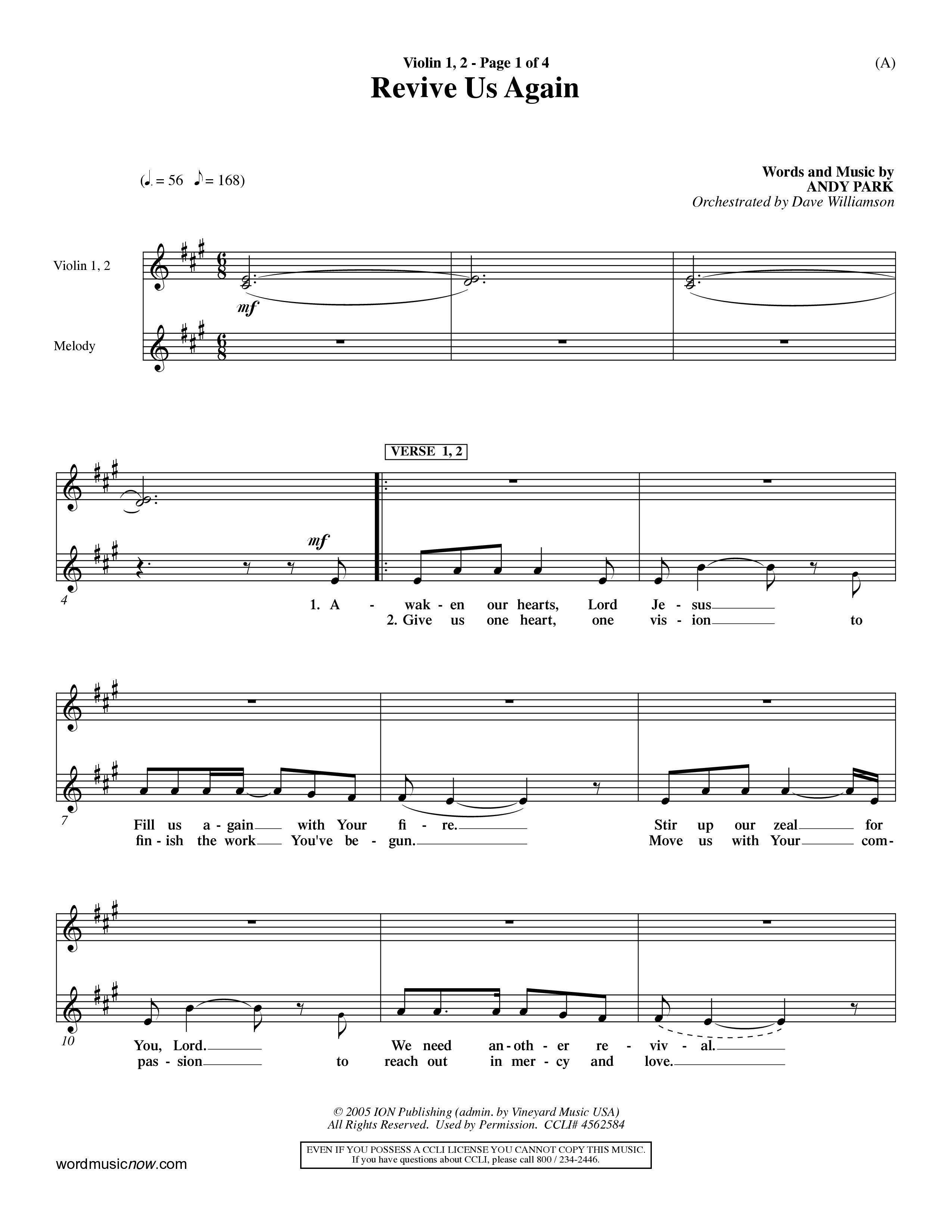 Revive Us Again (Choral Anthem SATB) Violin 1/2 (Word Music Choral / Orch. Dave Williamson)