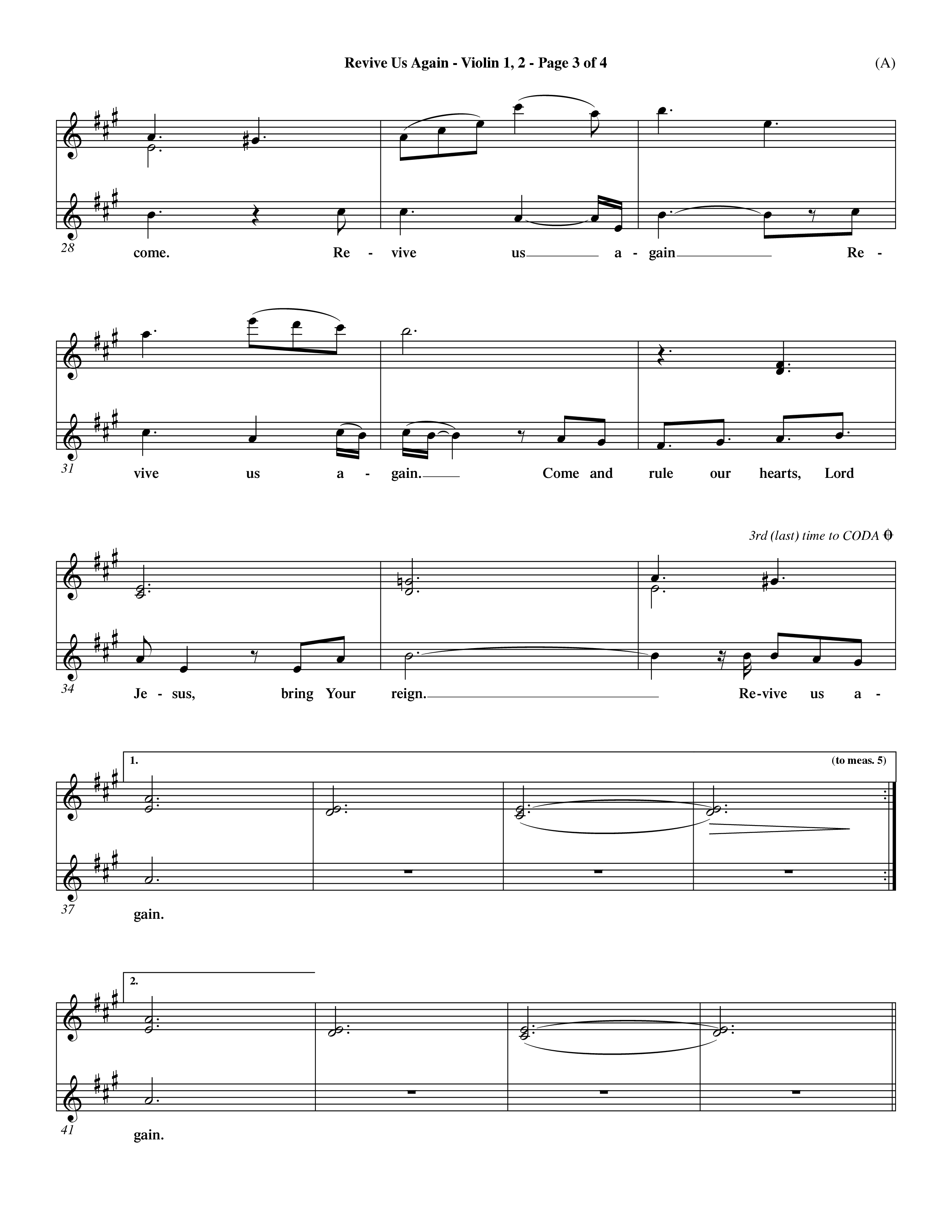 Revive Us Again (Choral Anthem SATB) Violin 1/2 (Word Music Choral / Orch. Dave Williamson)