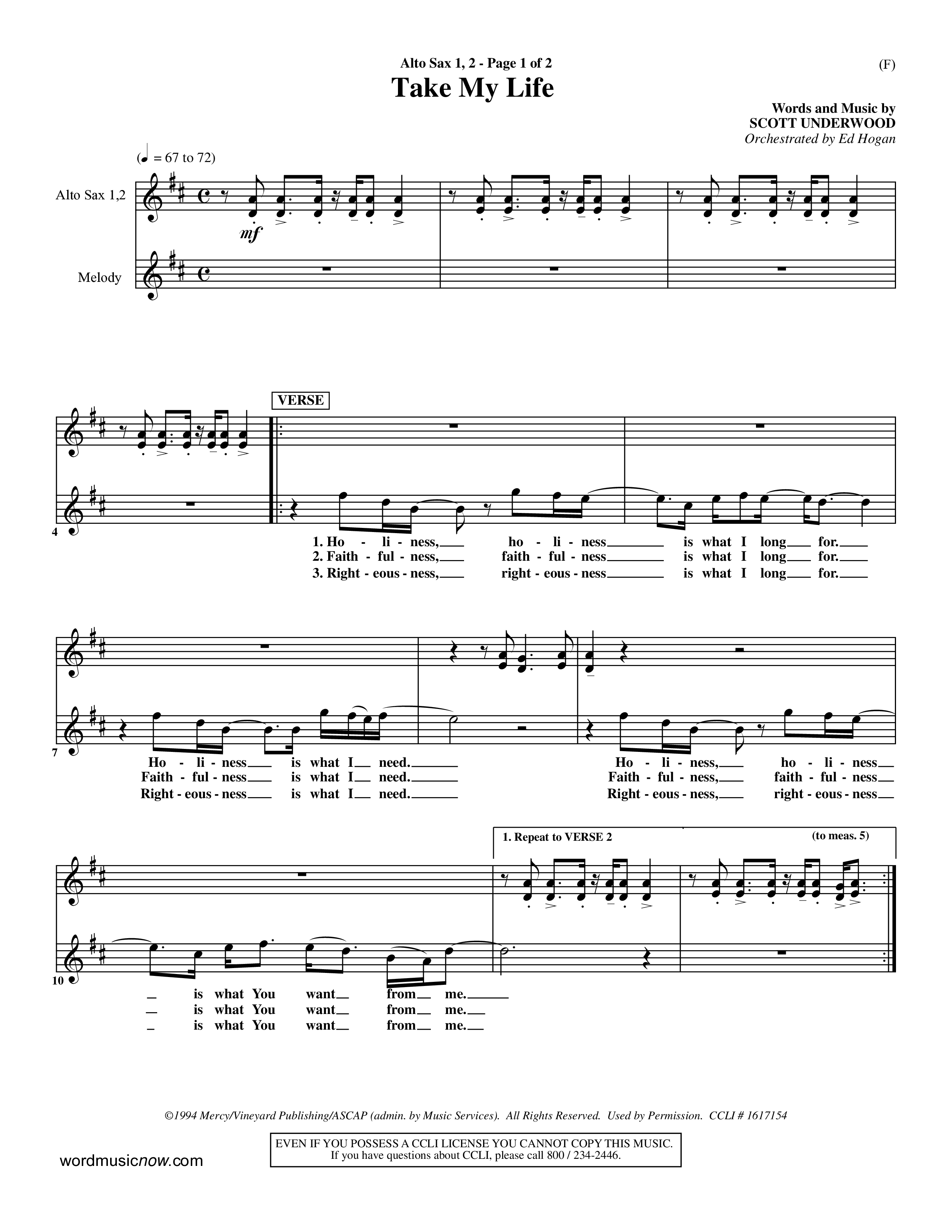 Take My Life (Choral Anthem SATB) Alto Sax 1/2 (Word Music Choral / Orch. Ed Hogan)