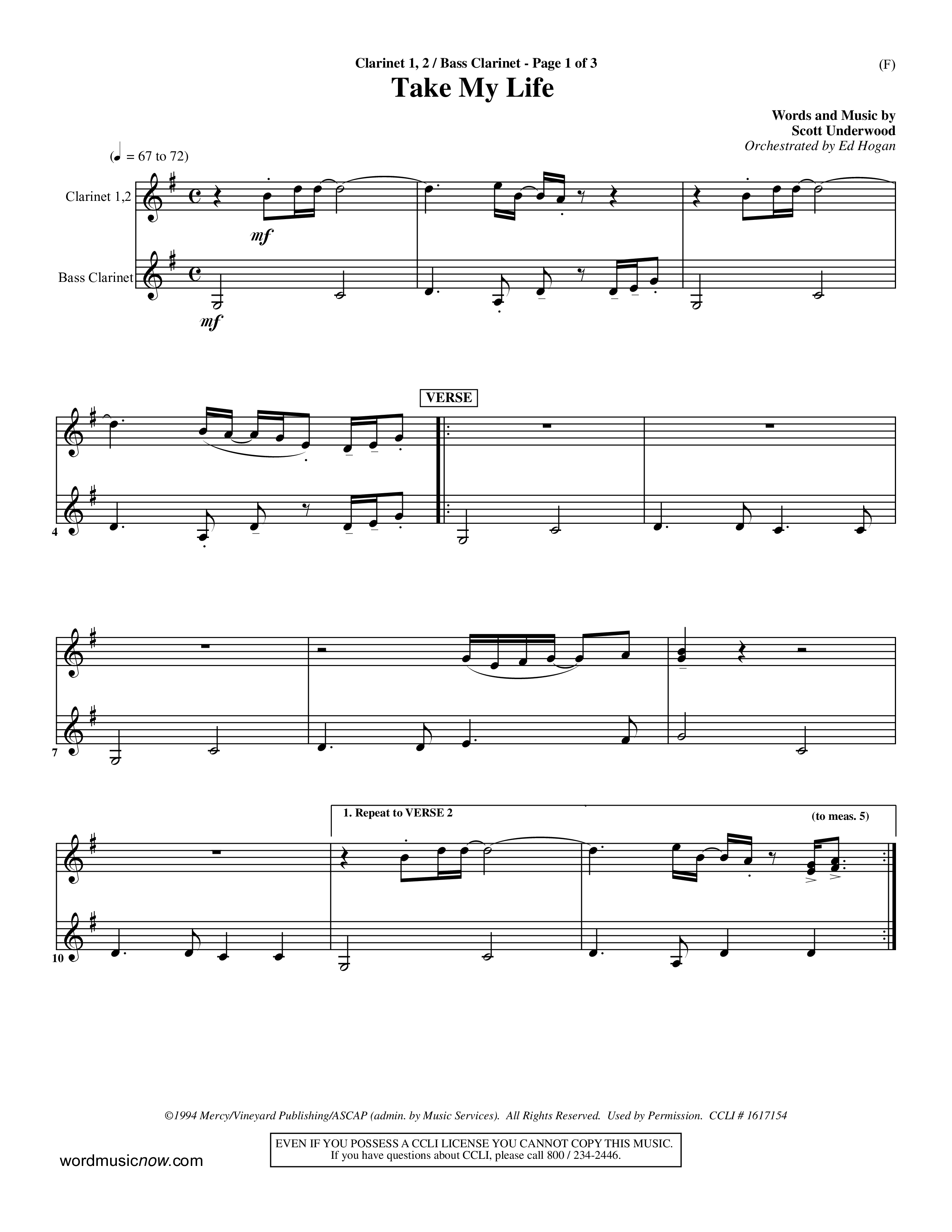 Take My Life (Choral Anthem SATB) Clarinet 1/2, Bass Clarinet (Word Music Choral / Orch. Ed Hogan)