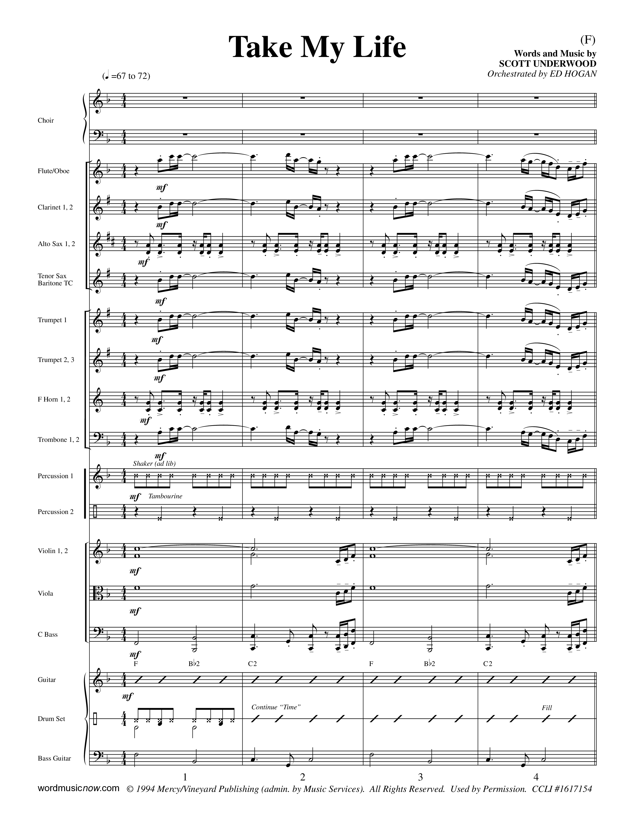 Take My Life (Choral Anthem SATB) Orchestration (Word Music Choral / Orch. Ed Hogan)