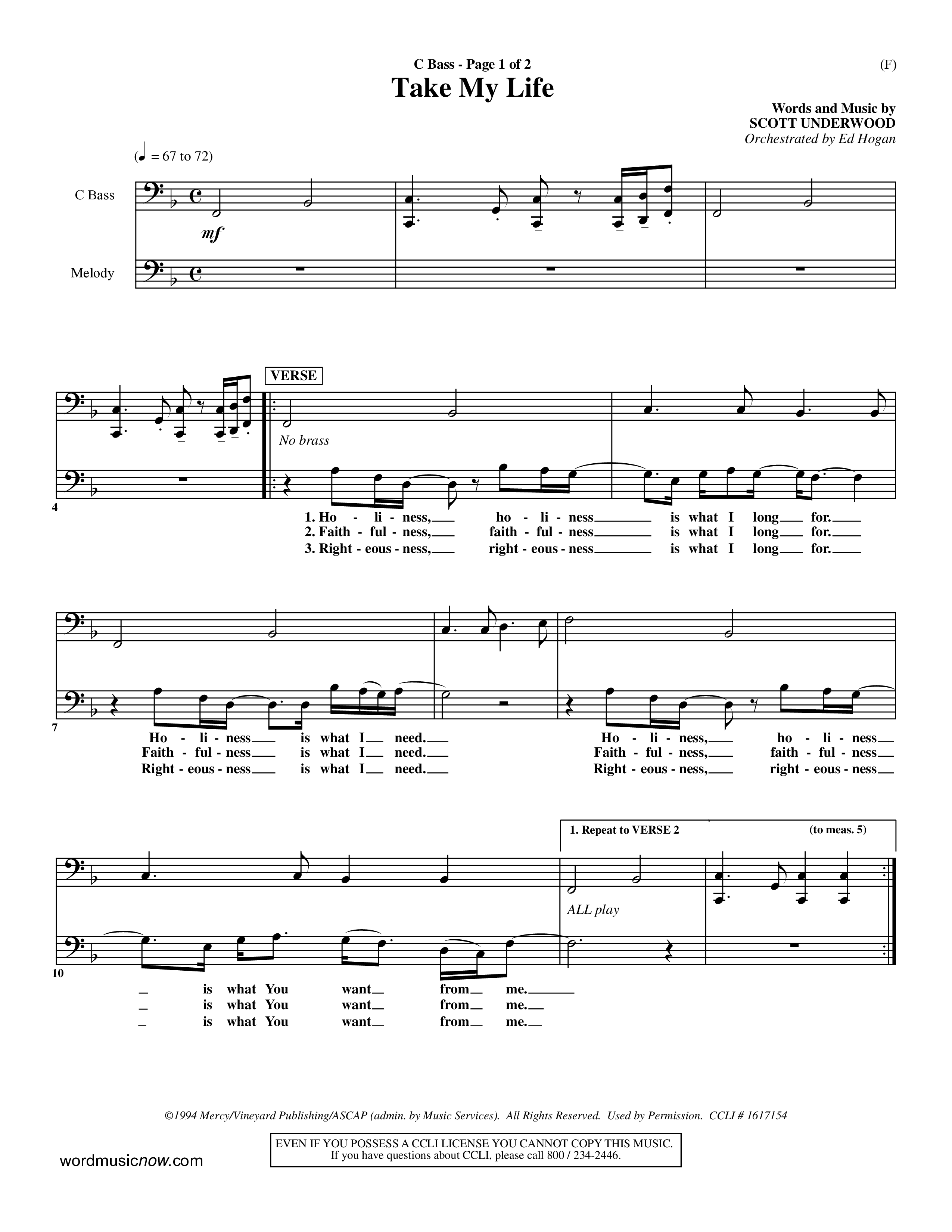 Take My Life (Choral Anthem SATB) Contrabass (Word Music Choral / Orch. Ed Hogan)