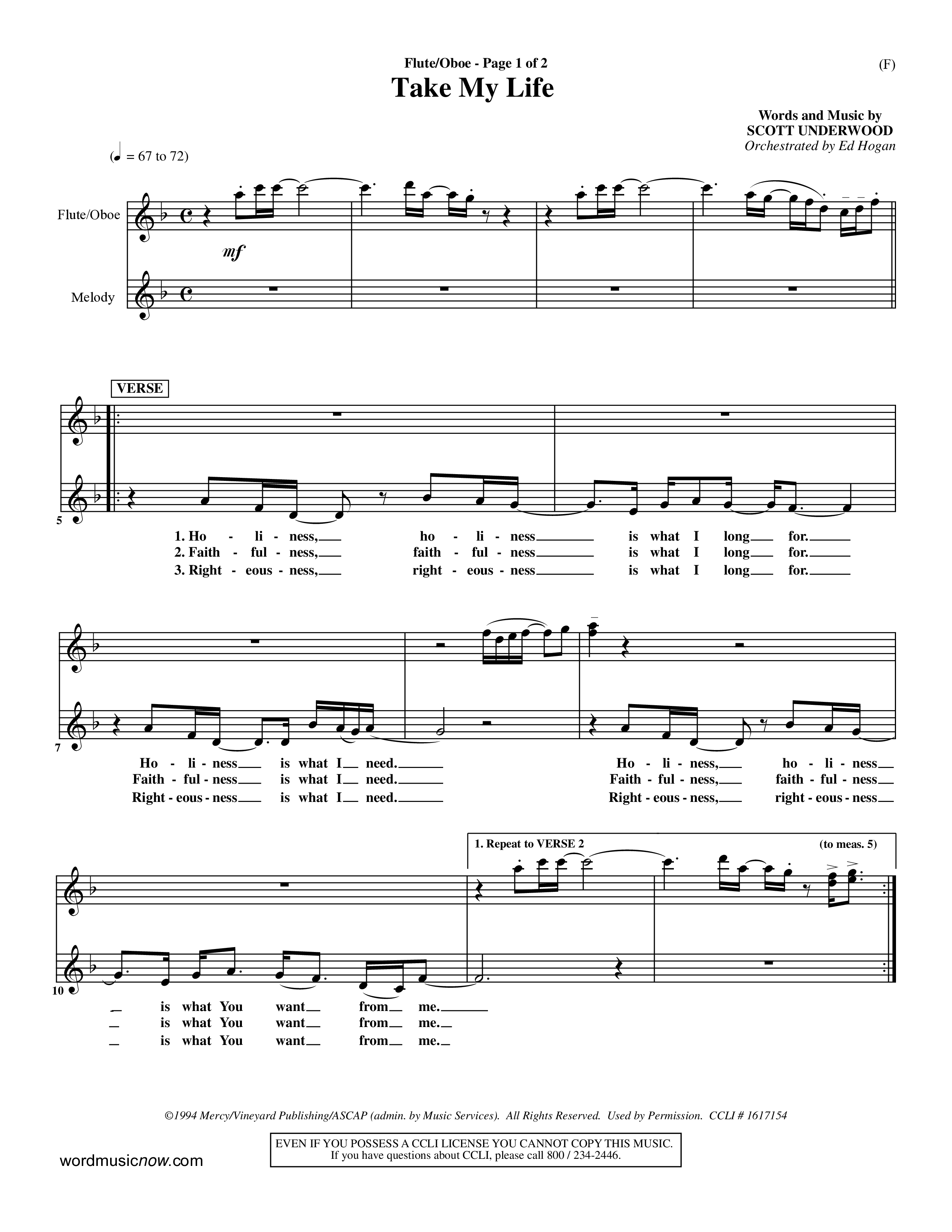 Take My Life (Choral Anthem SATB) Flute/Oboe (Word Music Choral / Orch. Ed Hogan)